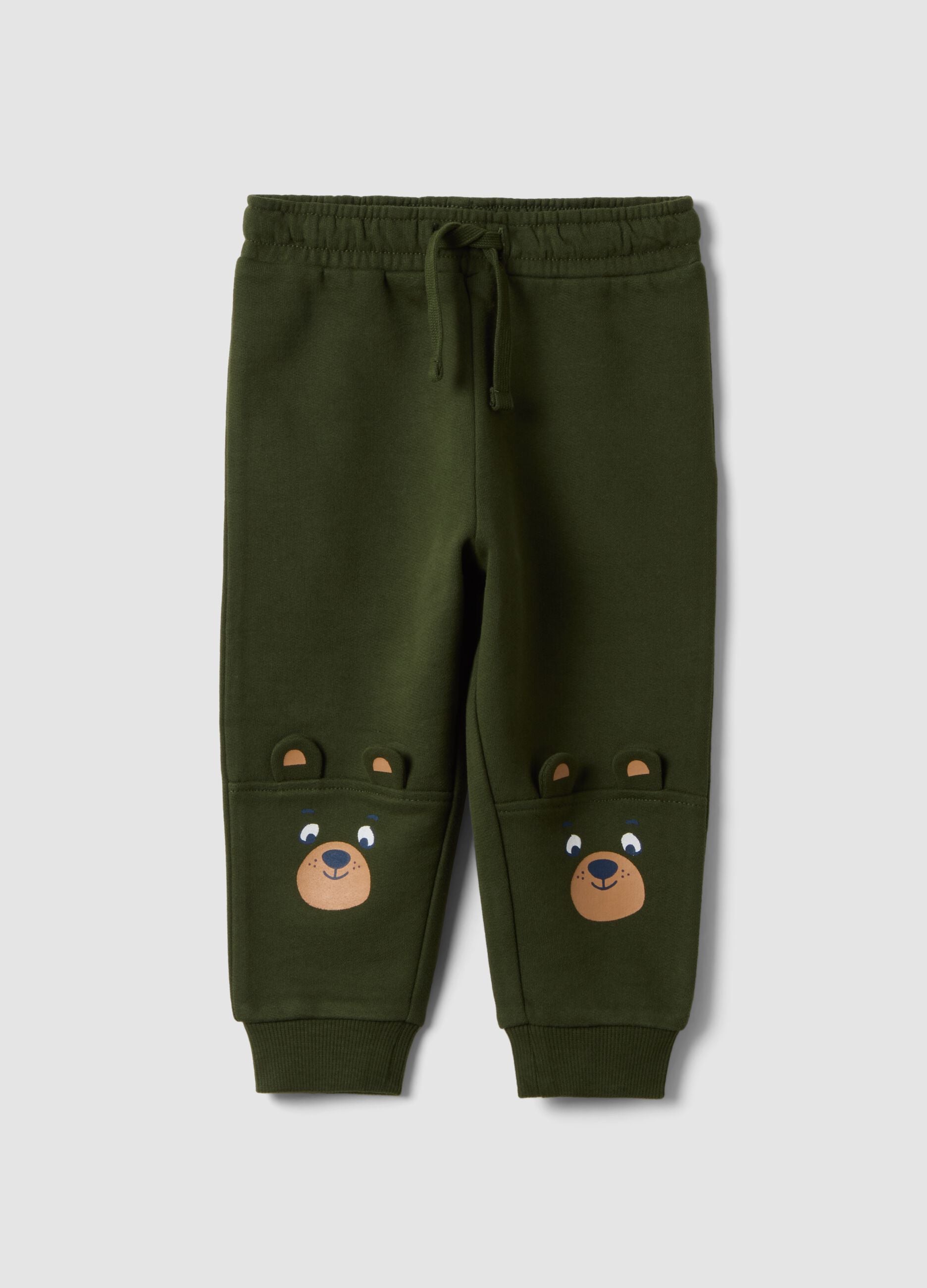 Green pure cotton over-fit joggers with teddy bear print