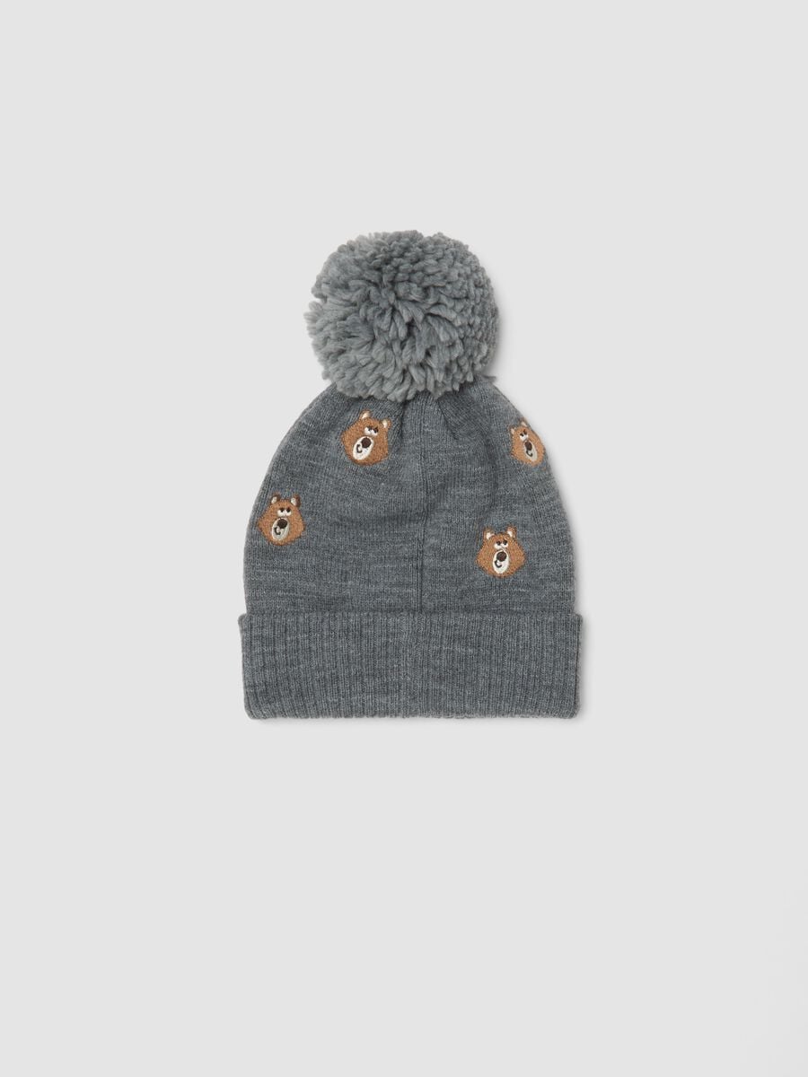 Cappello grigio in maglia con pon pon e orsetti_1
