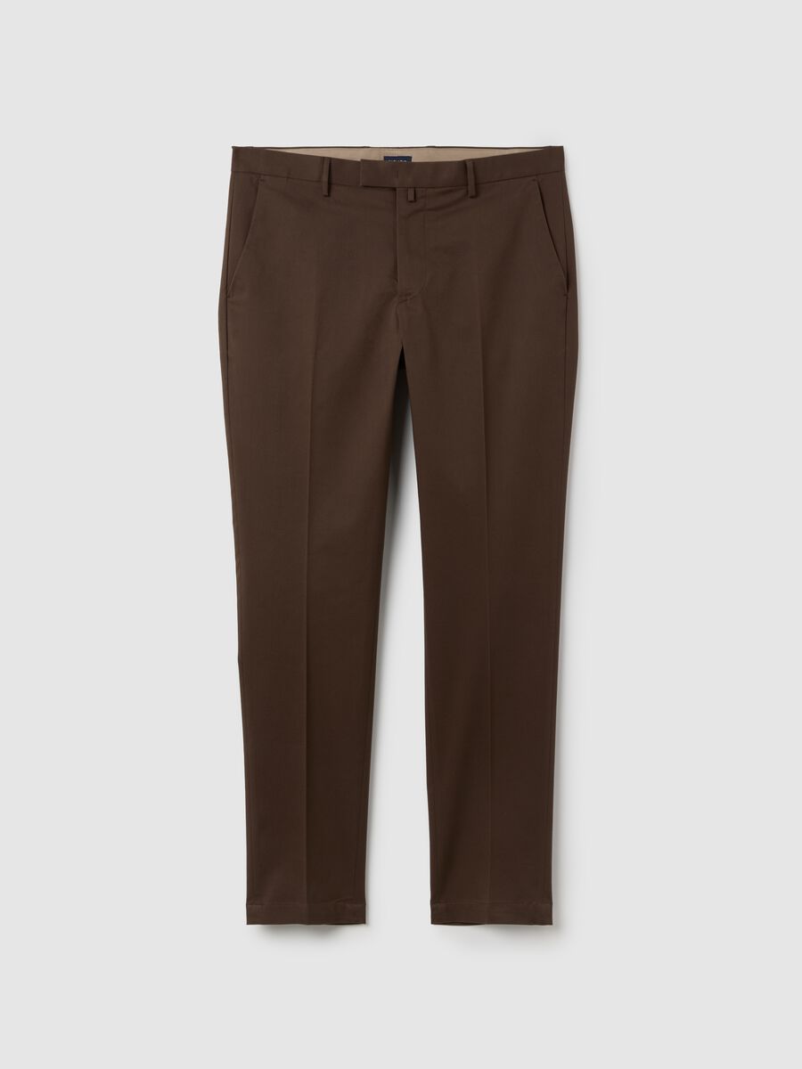 Brown stretch cotton regular fit trousers_0