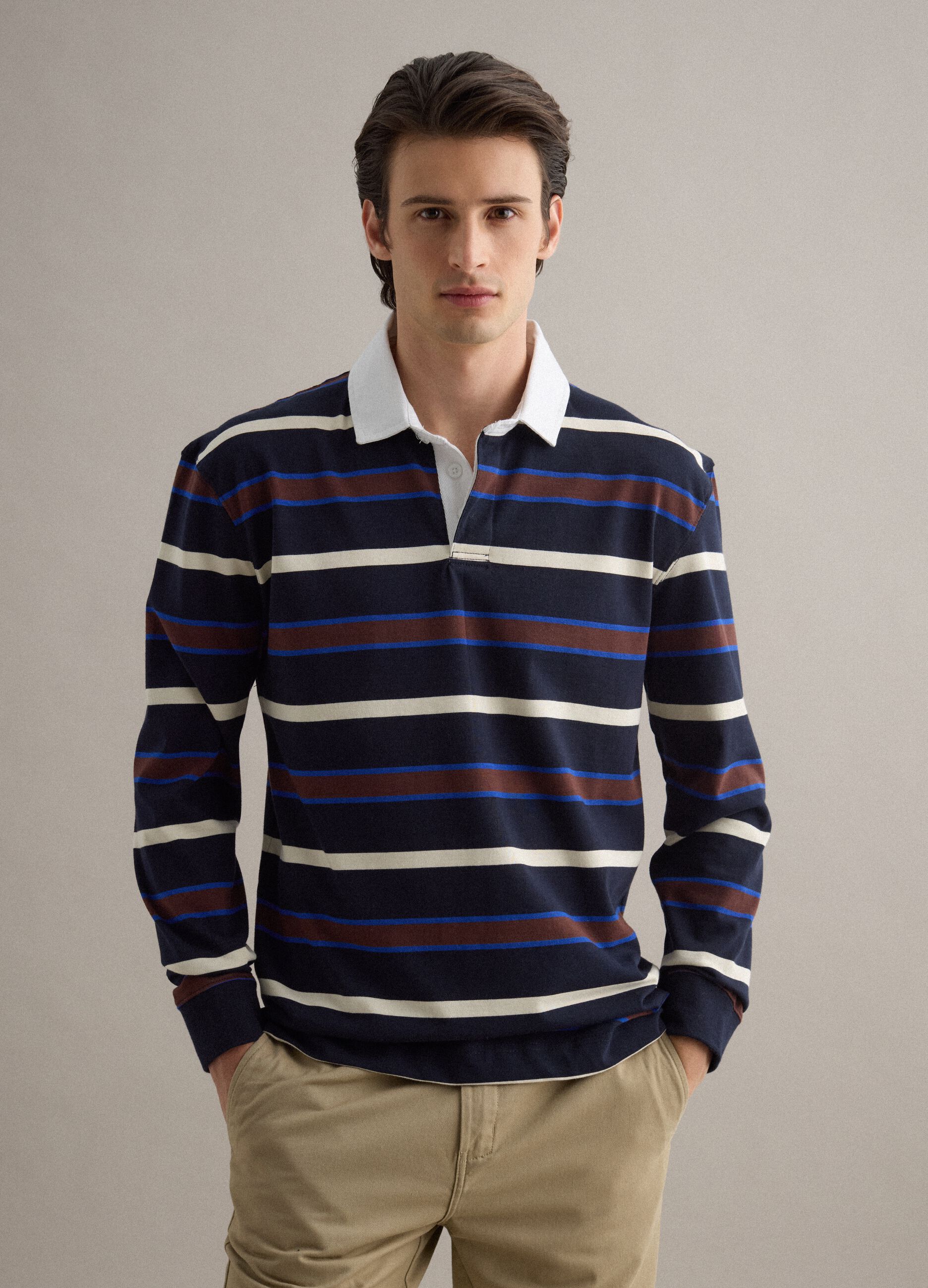 Long sleeve pure cotton polo with multicolour stripes, regular fit