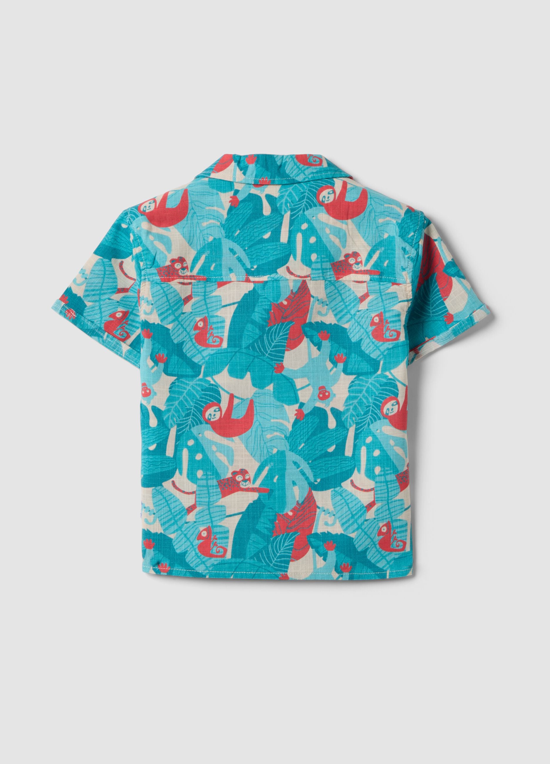 Blue pure cotton shirt with tropical print