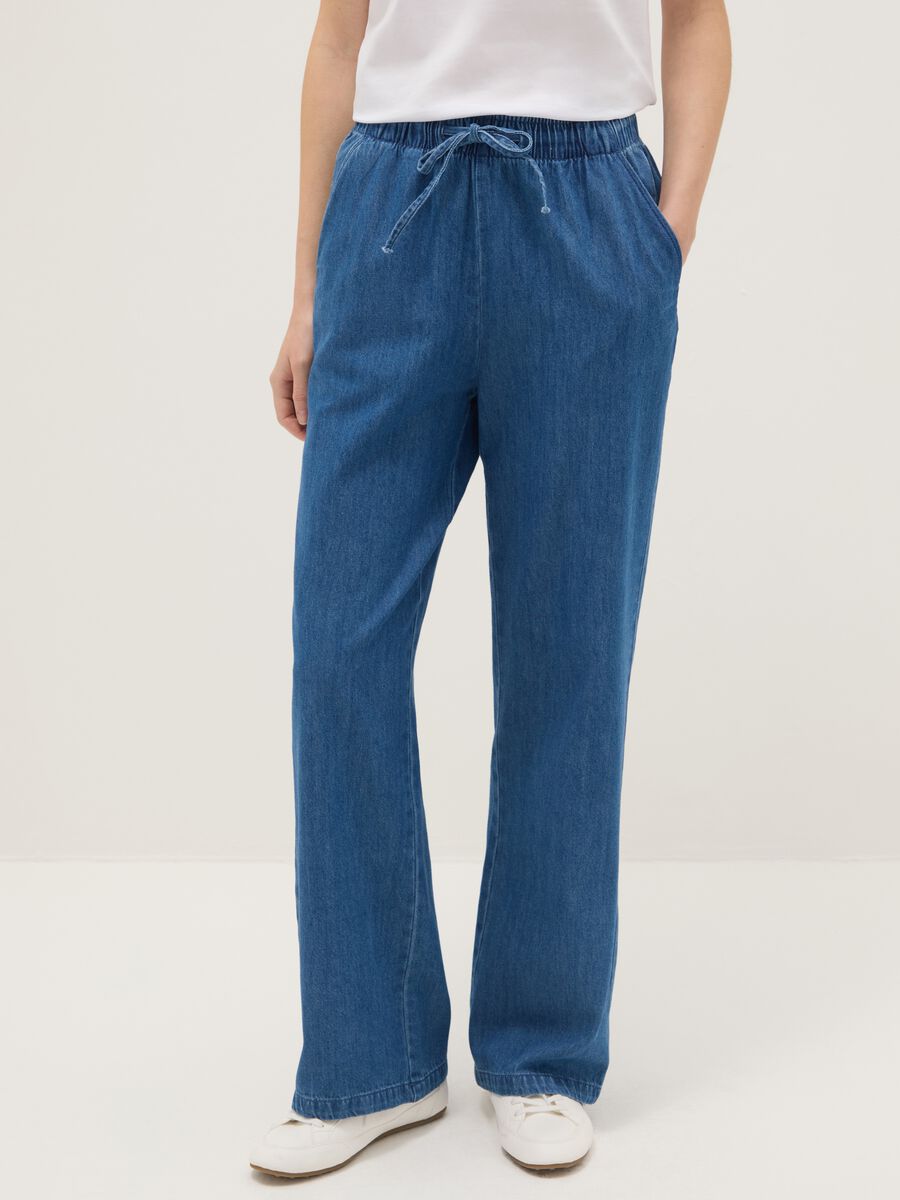 Wide leg blue denim pure cotton trousers with elastic waistband_1