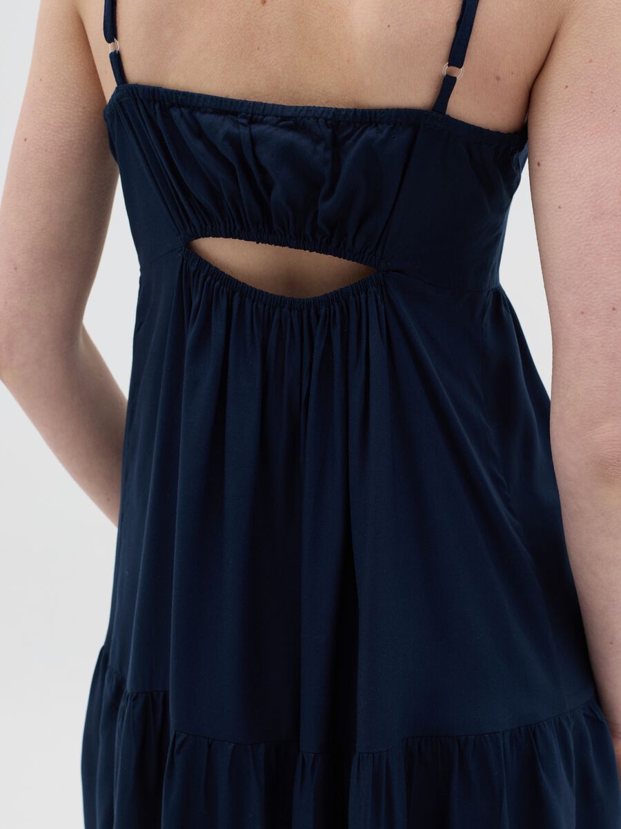 Blue viscose dress with V neck and flounce_2