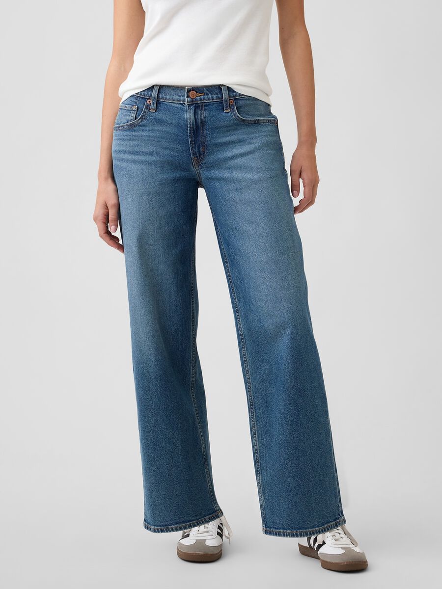 Jeans denim in cotone elasticizzato a gamba ampia_1