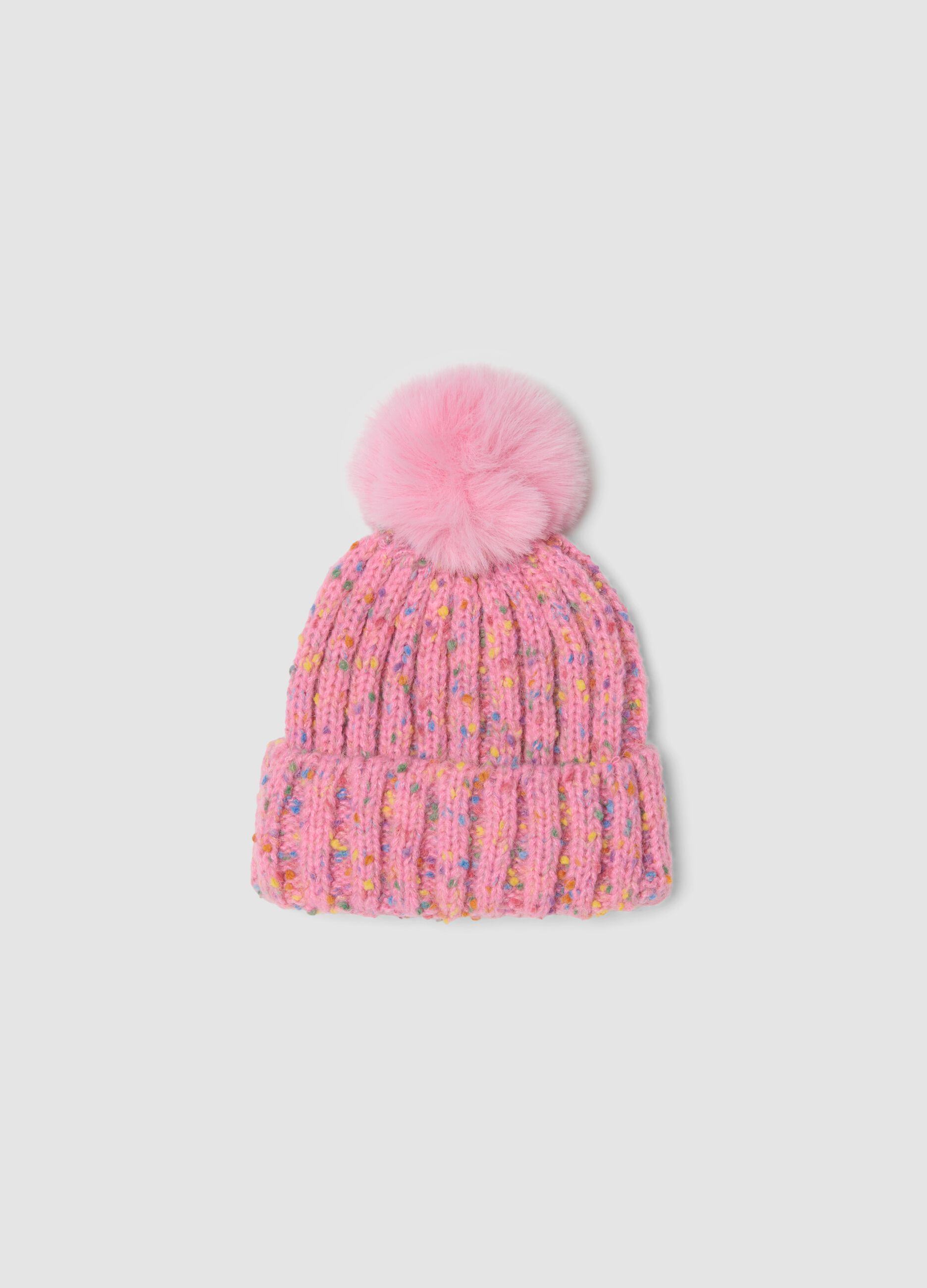 Pink rib-knit hat with pompom