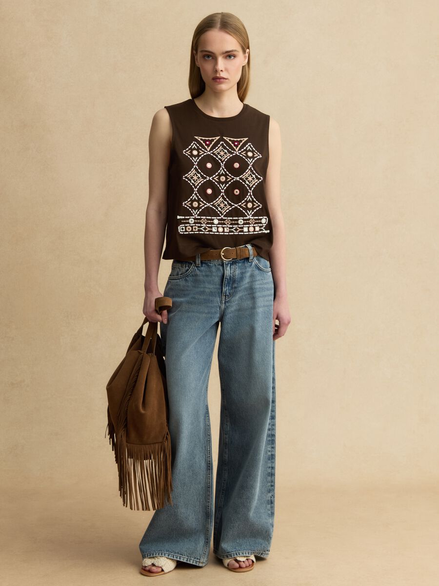 Tank top in puro cotone marrone regular fit con ricami_2