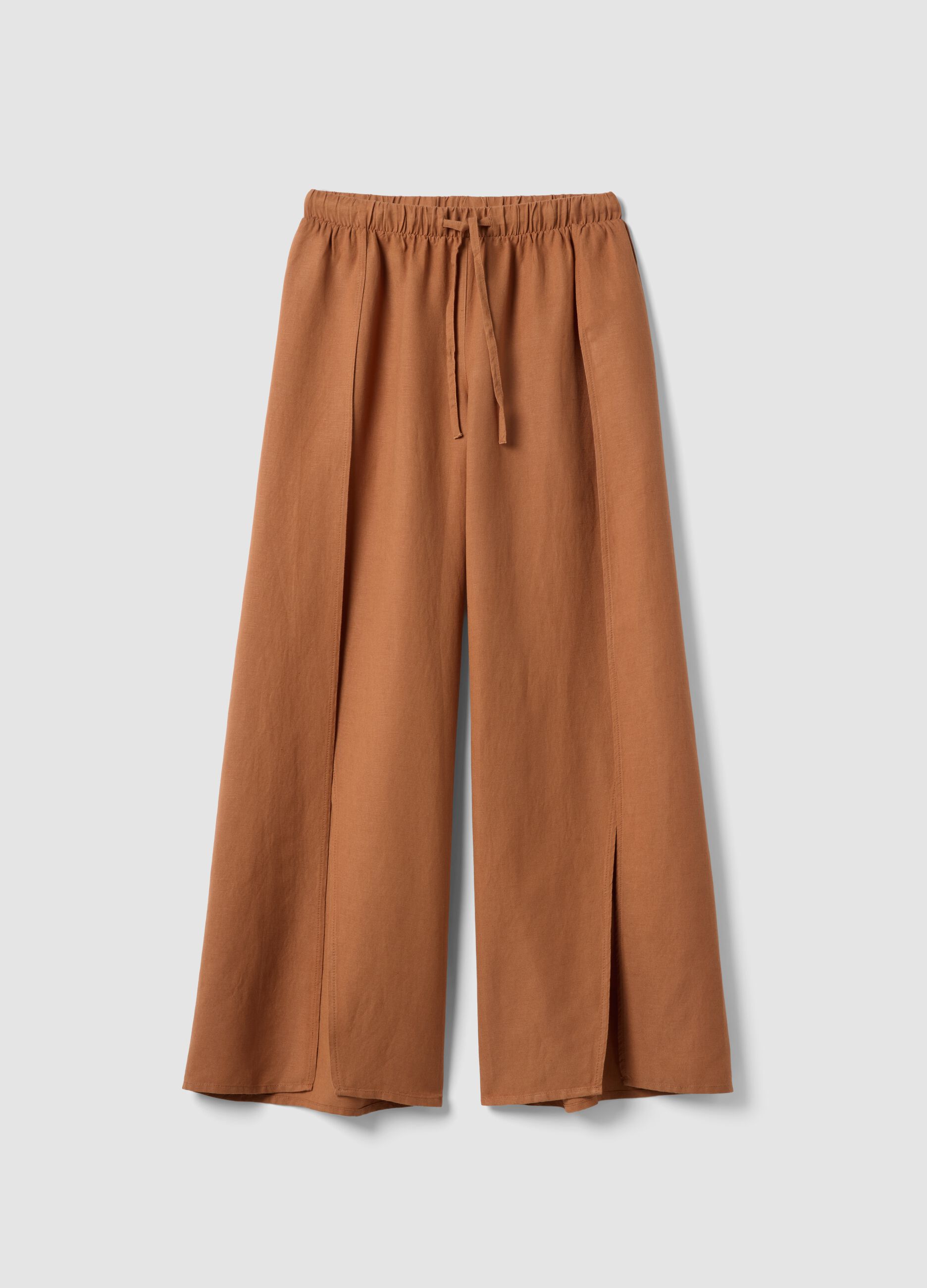Brown wide-leg linen and viscose-blend trousers