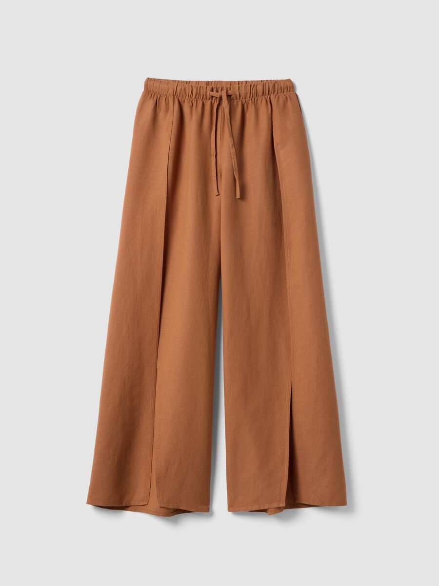 Brown wide-leg linen and viscose-blend trousers_0