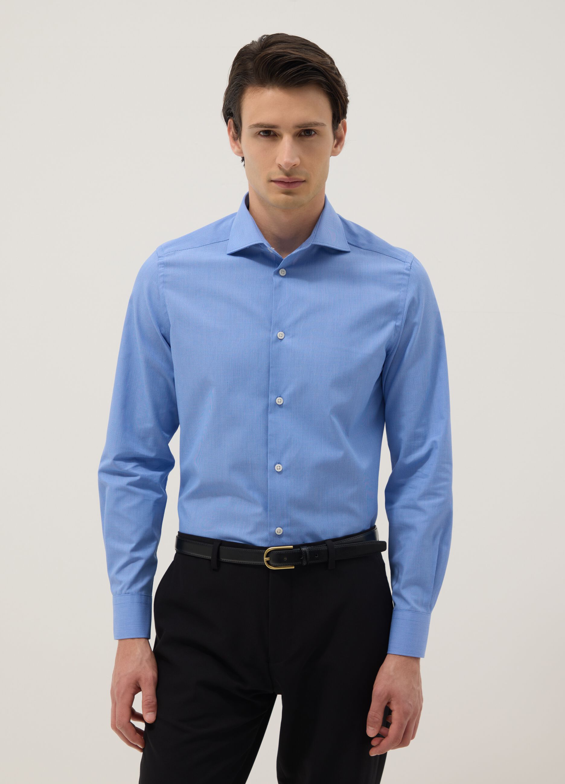 Light Blue Slim-Fit Cotton-Blend Shirt with Cutaway Collar