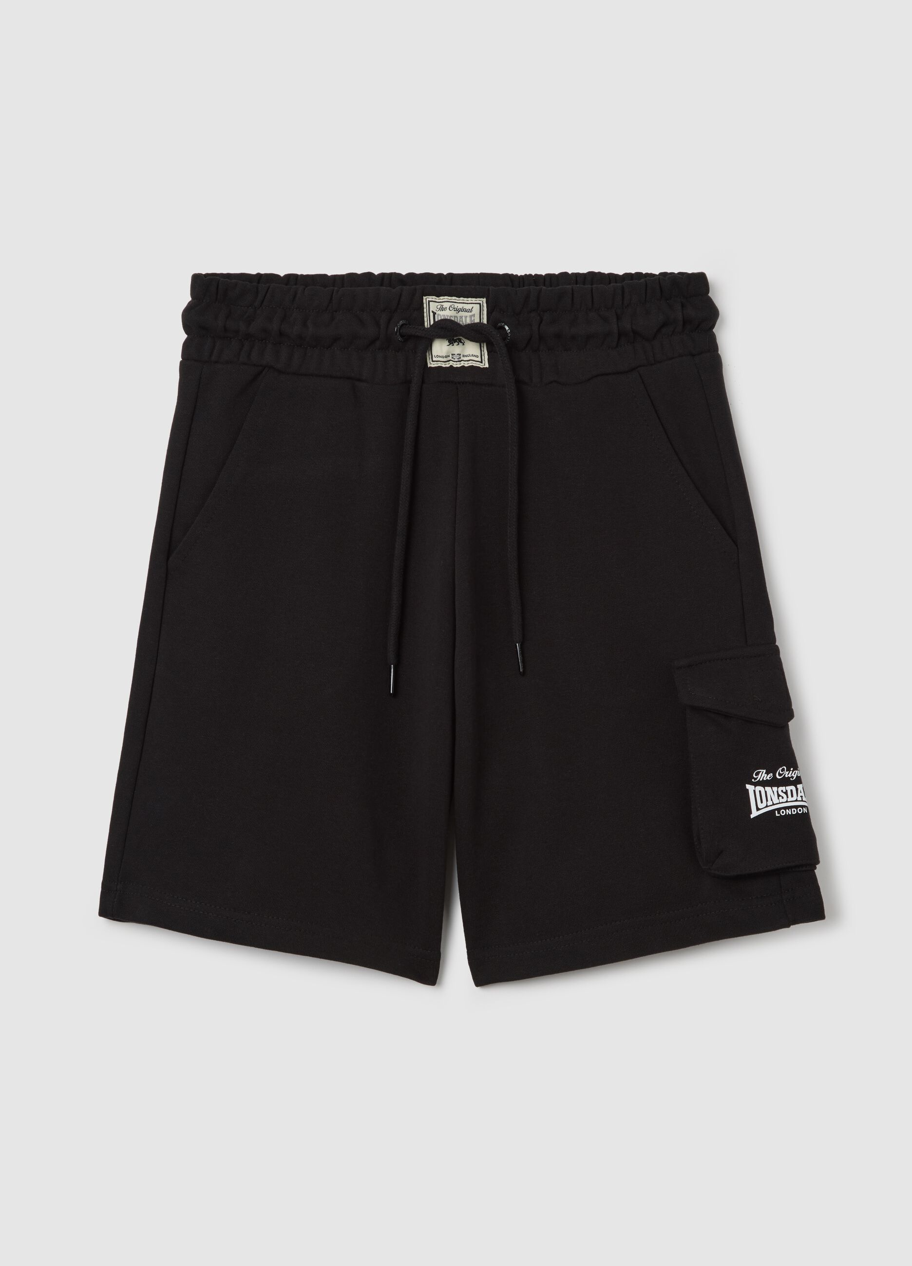 Bermuda cargo in felpa nero con stampa logo