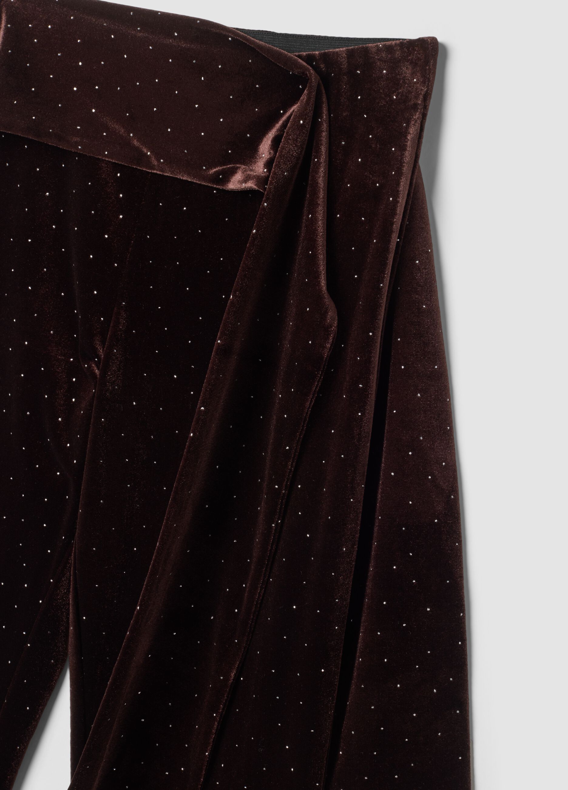 Brown stretch velour flared trousers with waist tie