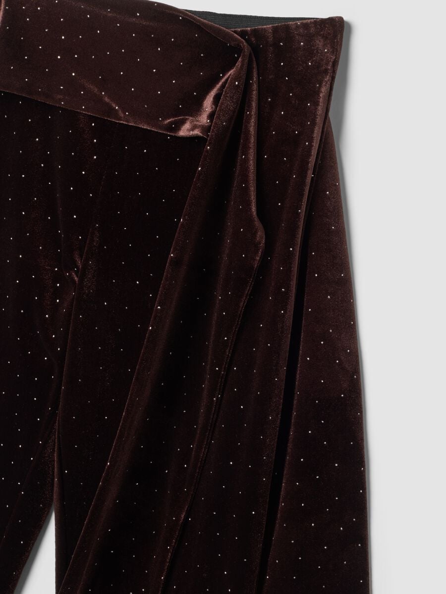 Pantaloni velour marroni flare in tessuto elasticizzato con fiocco_2