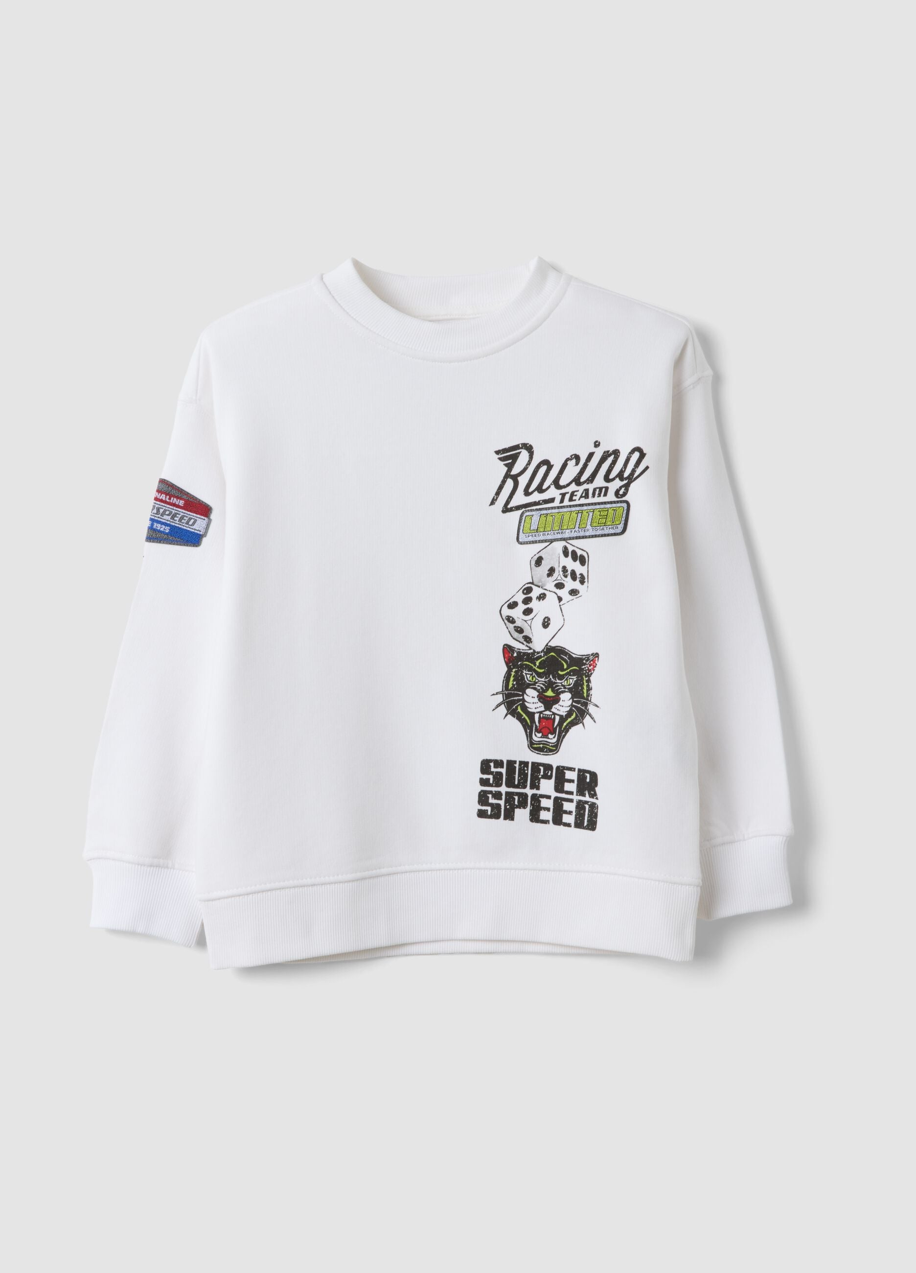 White cotton-blend crew-neck racing print sweatshirt for boys