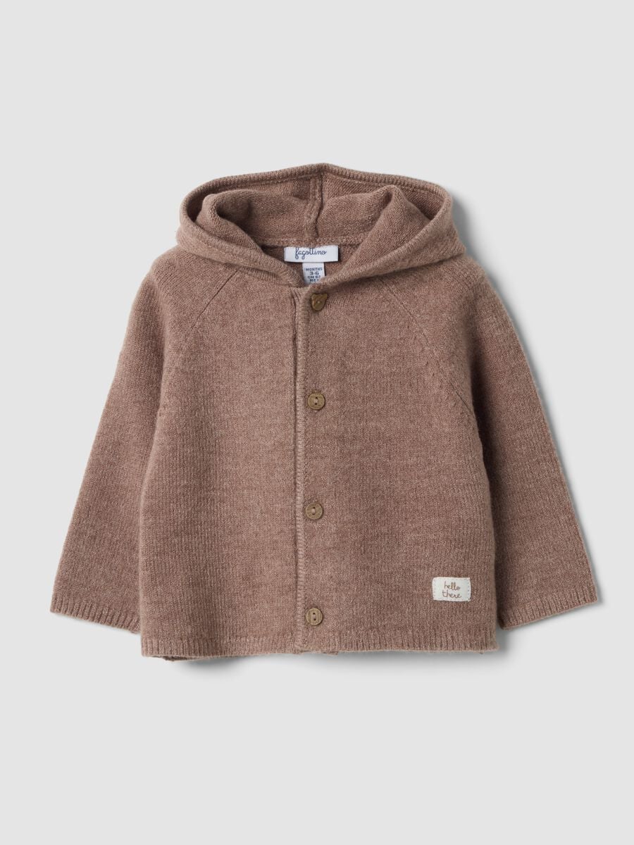 Cardigan marrone in maglia con girocollo e cappuccio_0