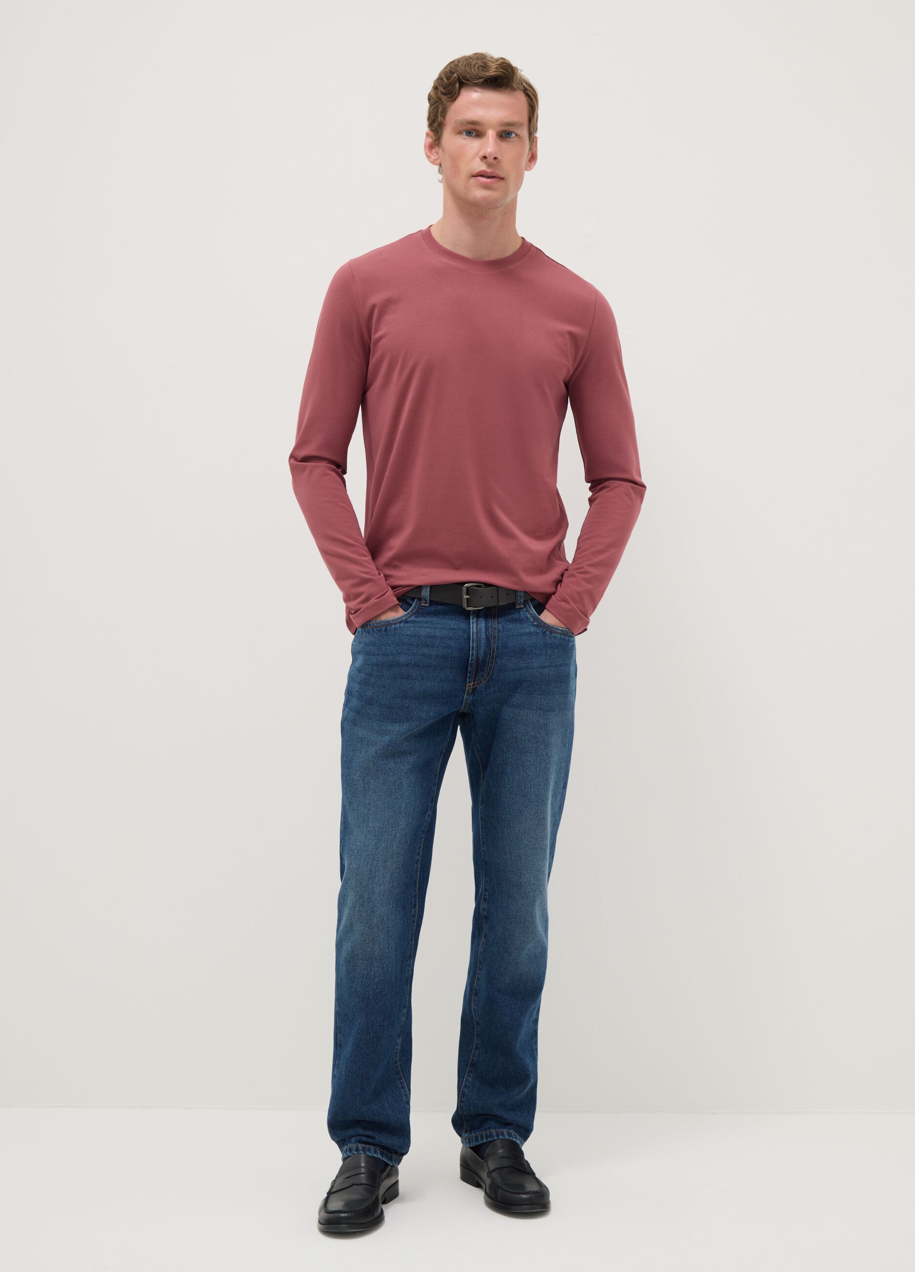 Red Long Sleeve Cotton Stretch Regular Fit T-Shirt