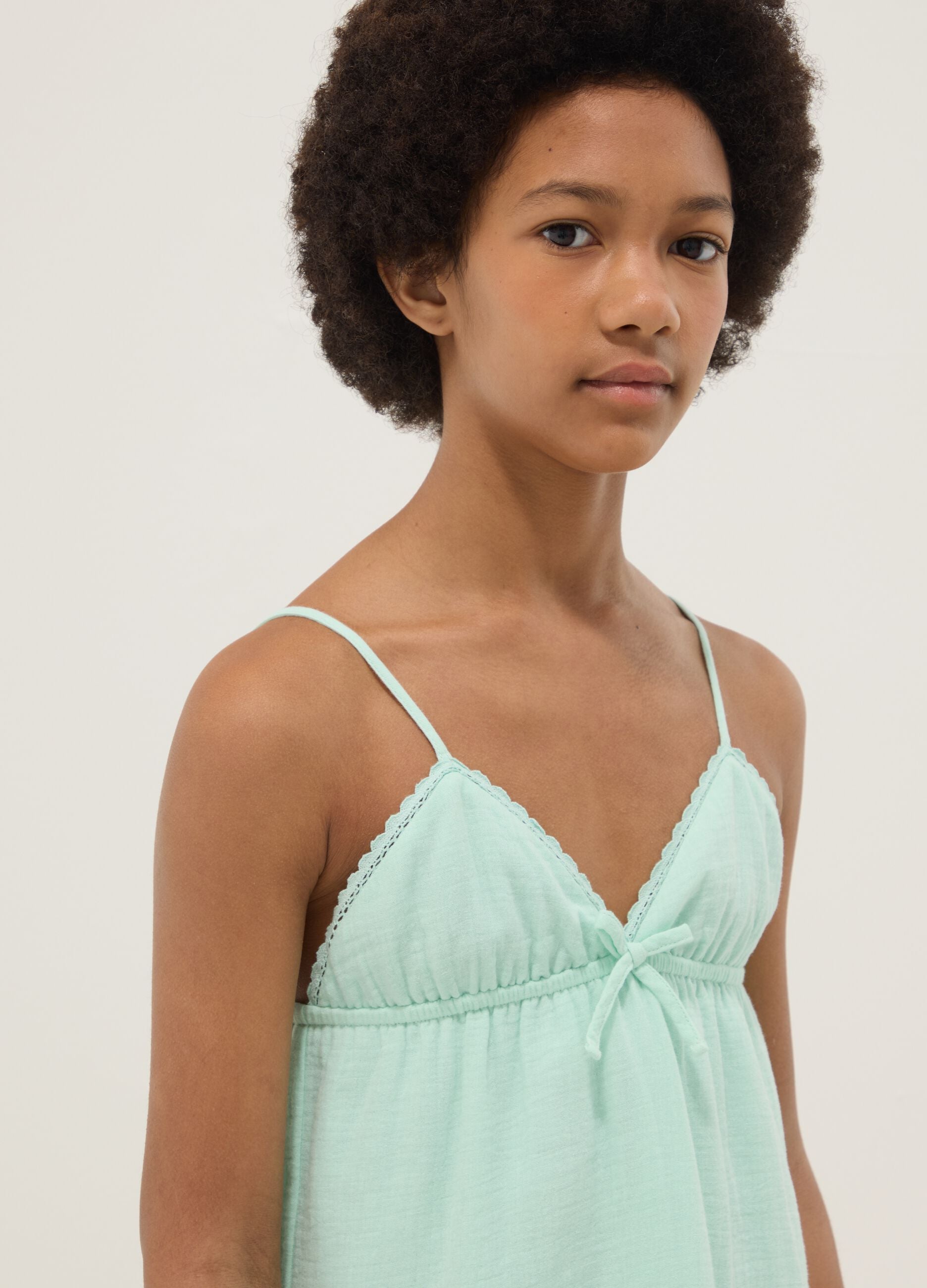 Green pure cotton mini dress with thin straps