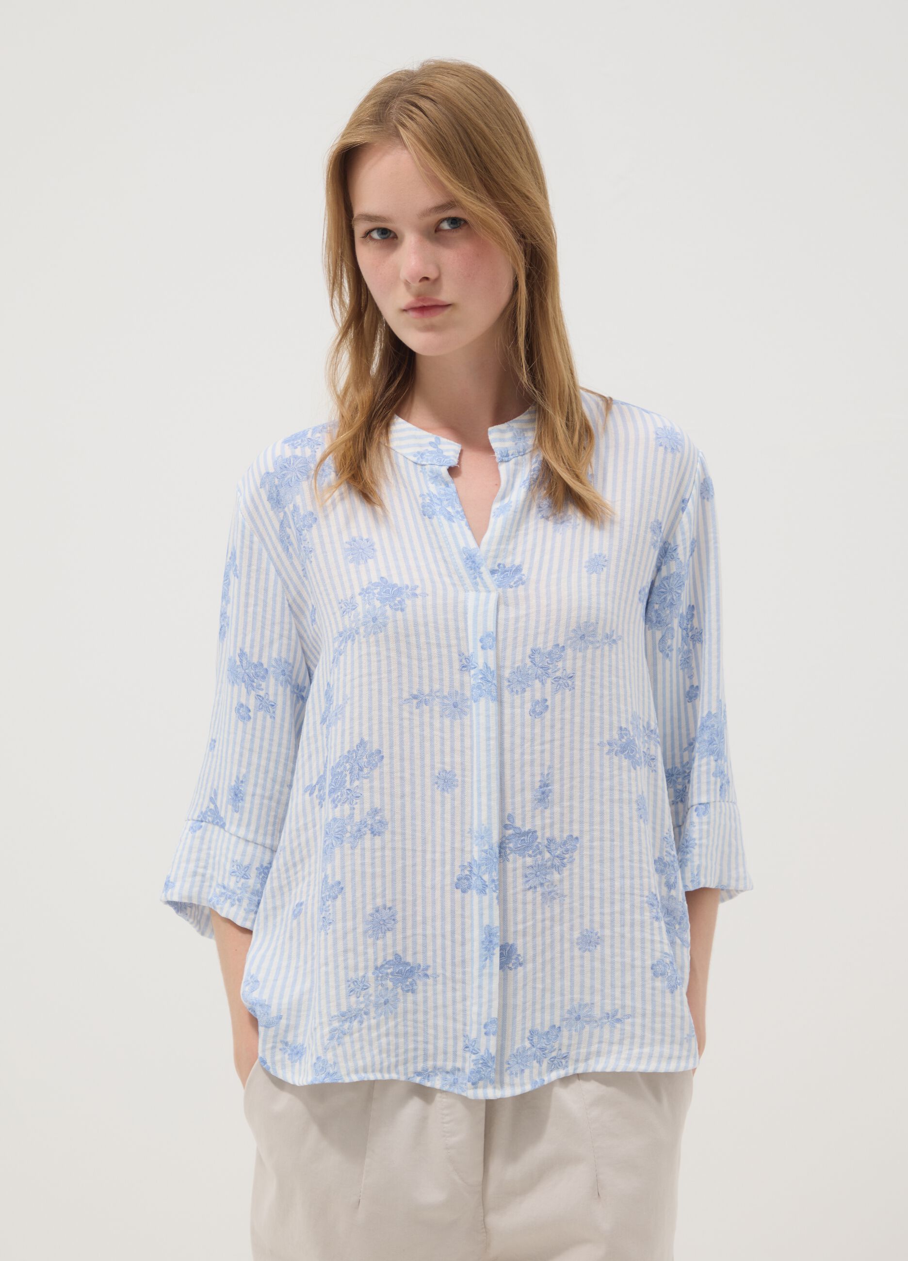 Light Blue Viscose-Blend Blouse with Stripes and Floral Print