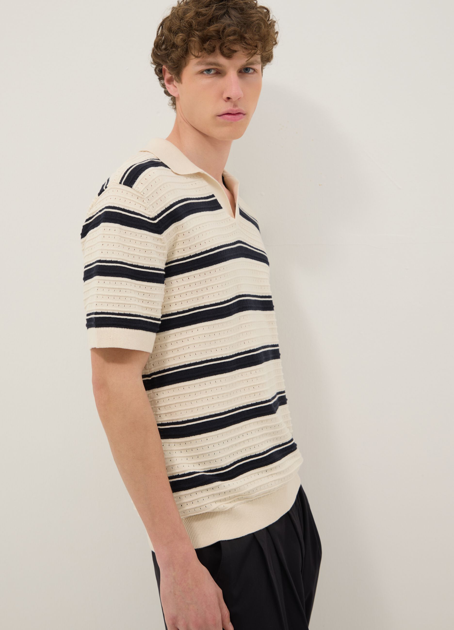 Beige striped pure cotton polo shirt with classic collar, oversized fit