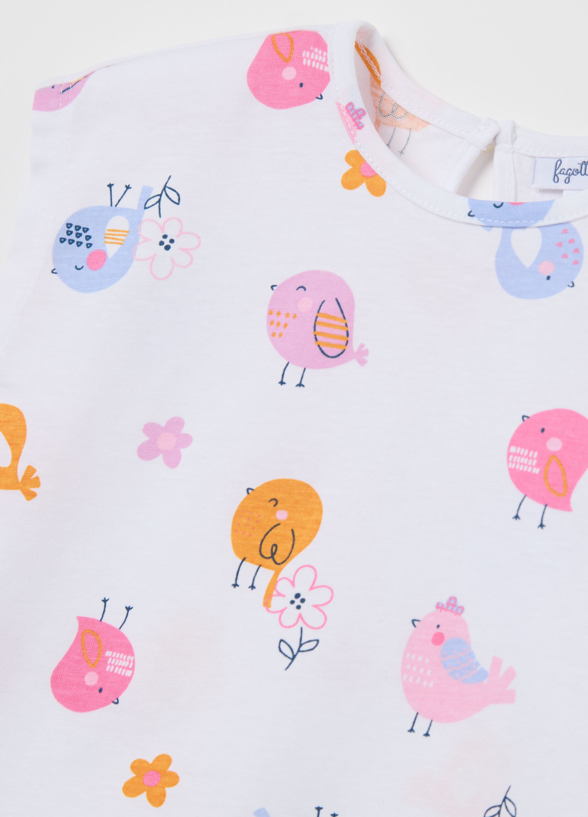 White cotton T-shirt with flowers and birds print
