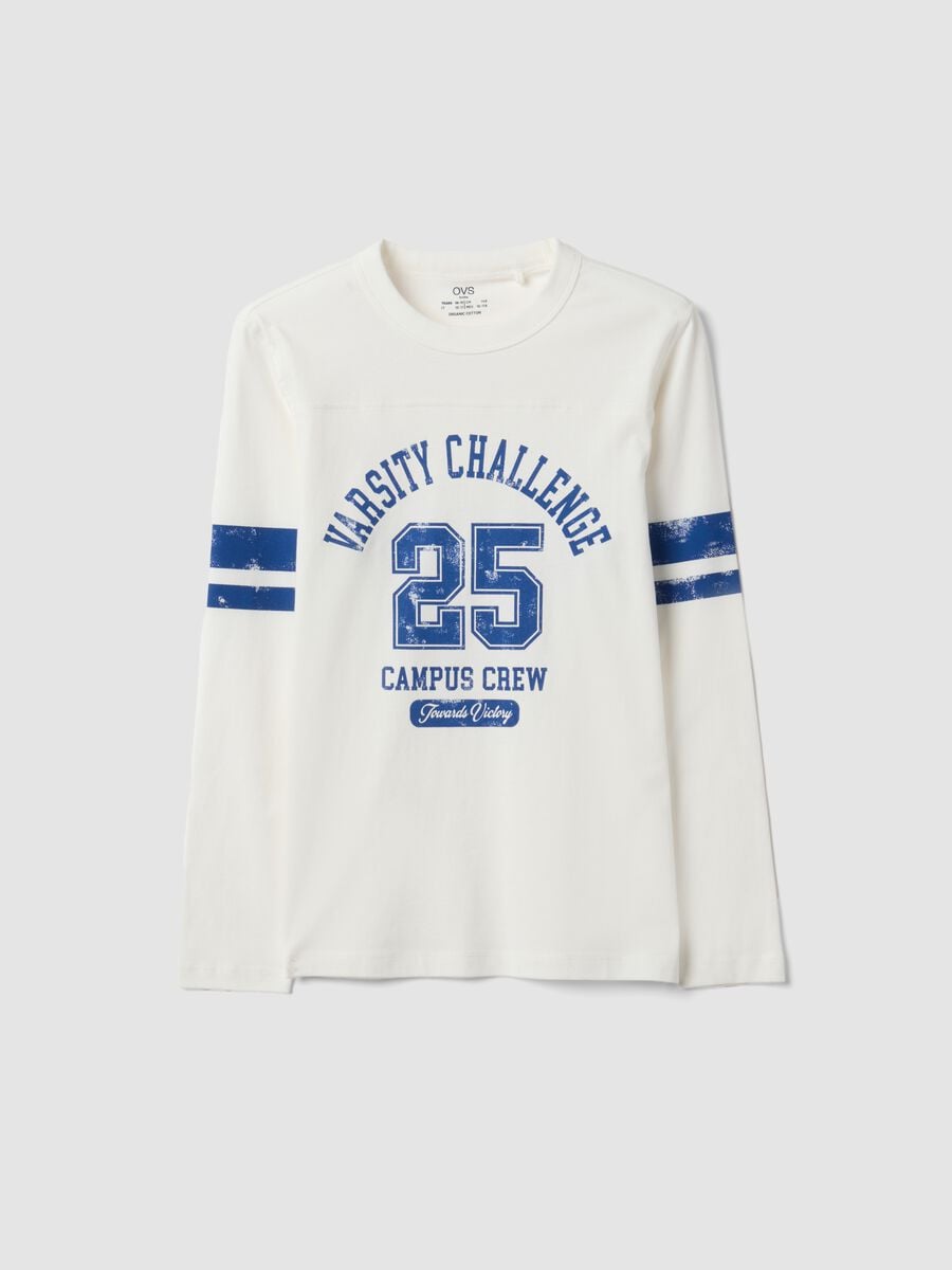 T-shirt bianca in puro cotone organico con stampa college per ragazzo_3