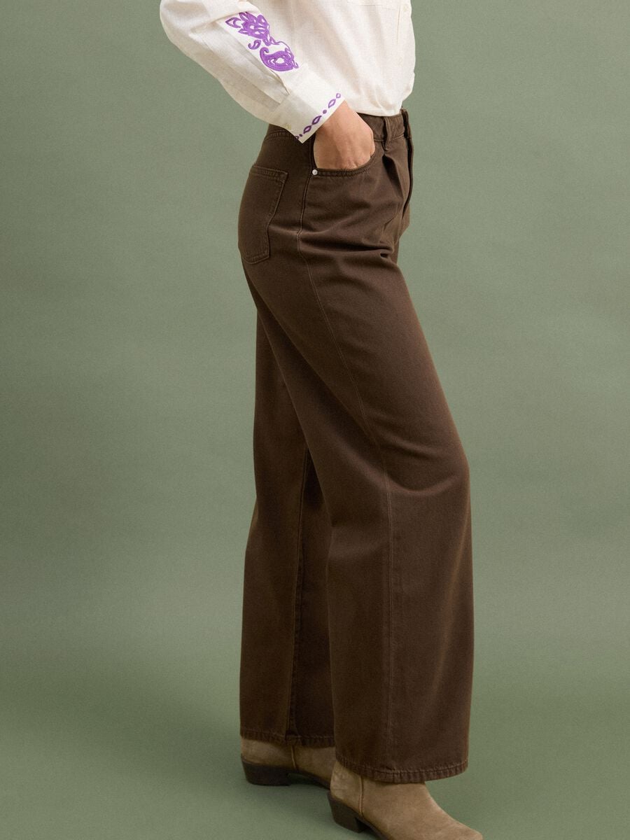 Jeans marrone wide leg a vita alta in puro cotone_2