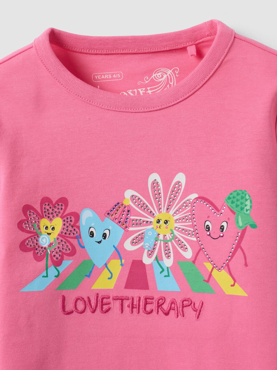 T-shirt rosa in cotone elasticizzato con girocollo e stampa per bambina_2