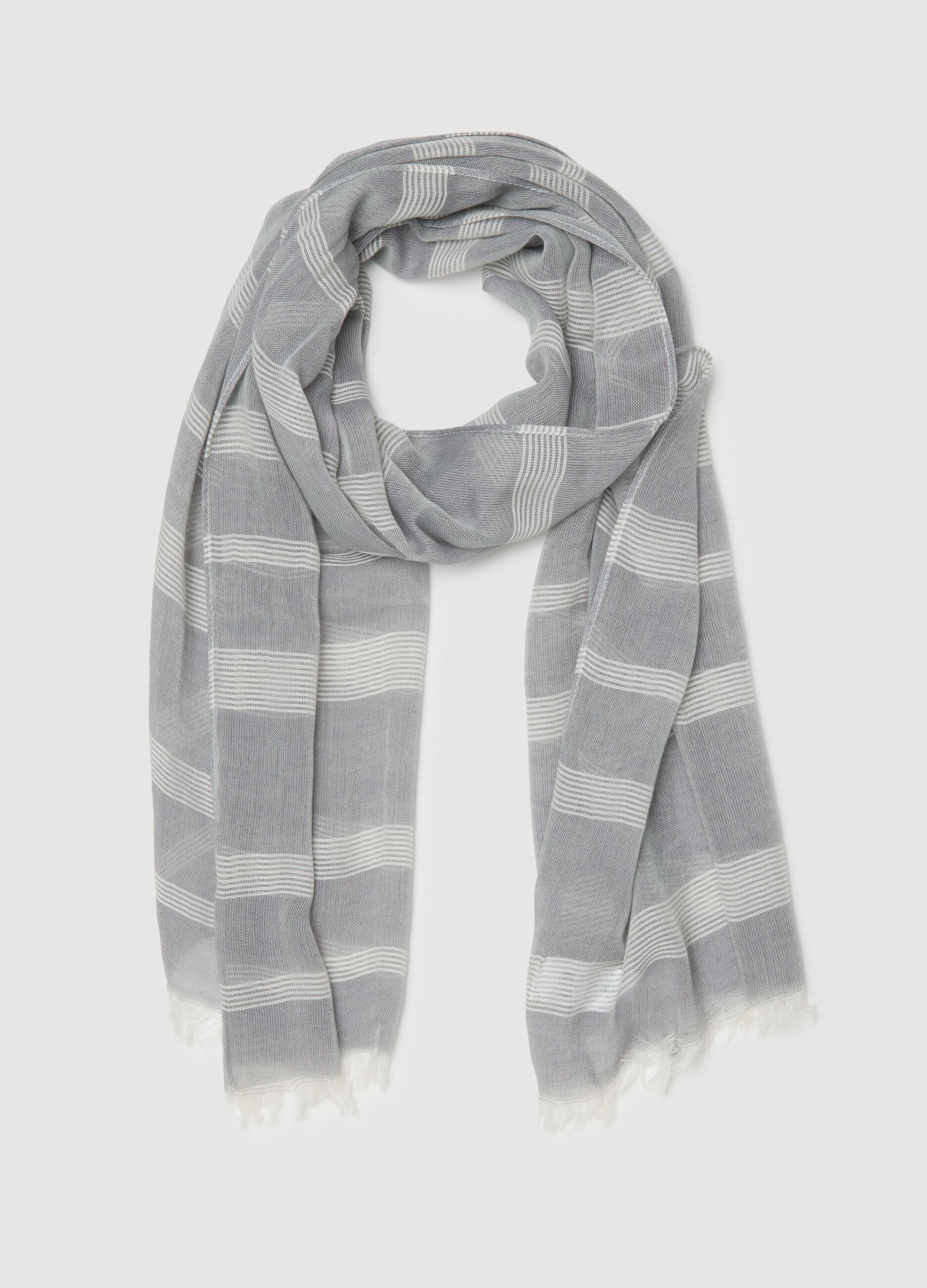 Multicolour Striped Cotton Blend Scarf with Fringes