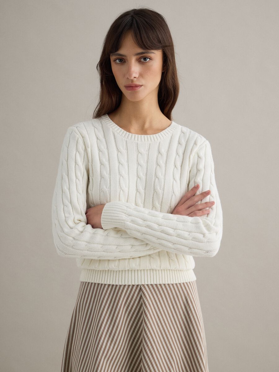 White pure cotton regular fit cable-knit sweater_1
