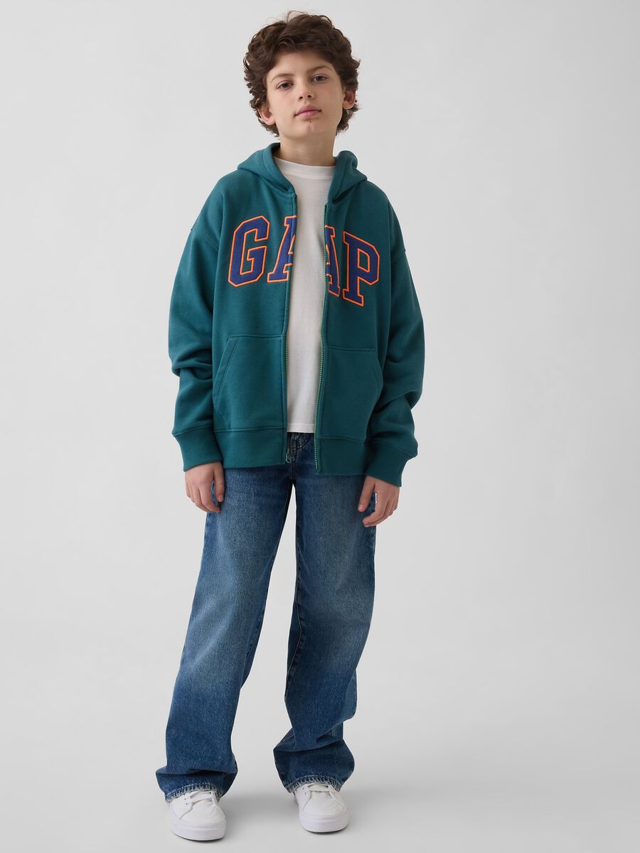 Felpa in misto cotone verde da bambino con logo, zip e cappuccio_1