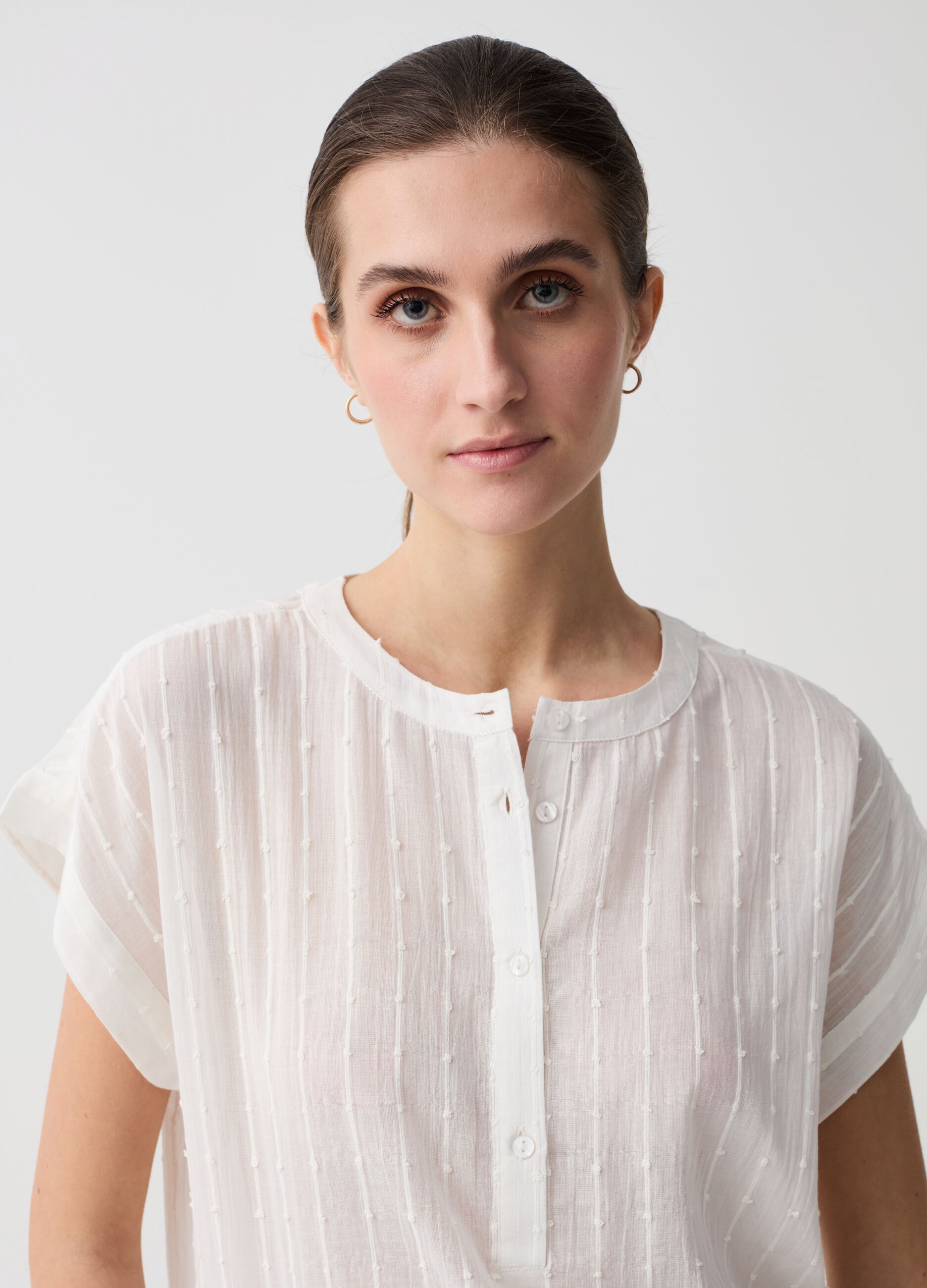 Cotton dobby blouse with granddad neckline