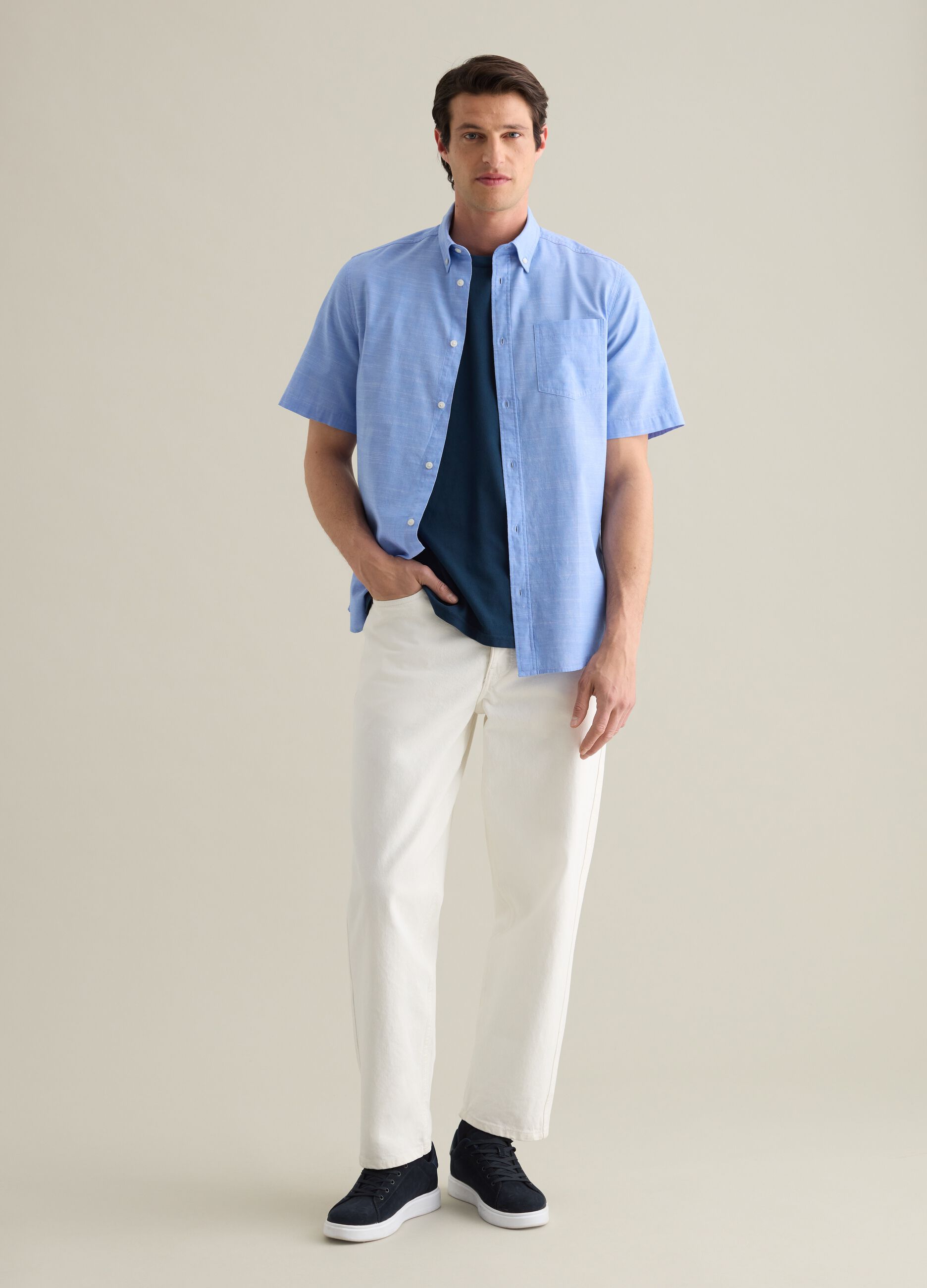 Men's blue pure cotton regular fit shirt with patch pocket