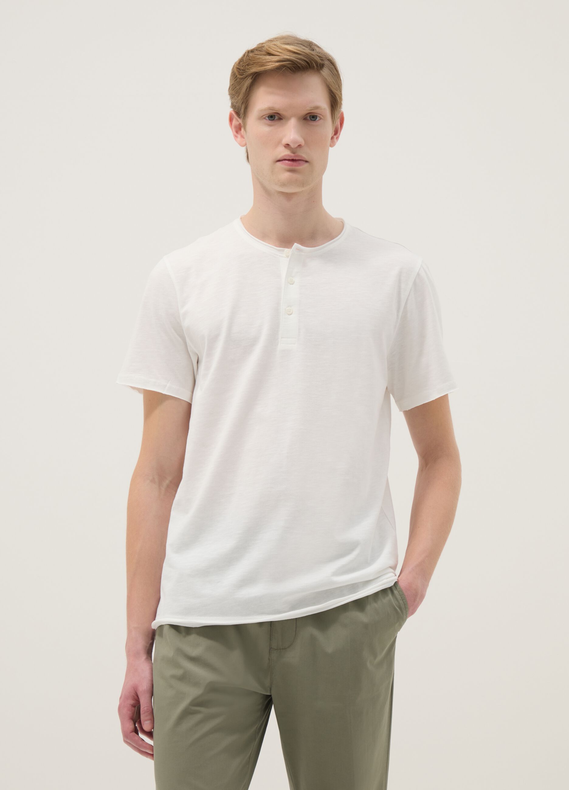 White pure cotton regular fit T-shirt with henley collar