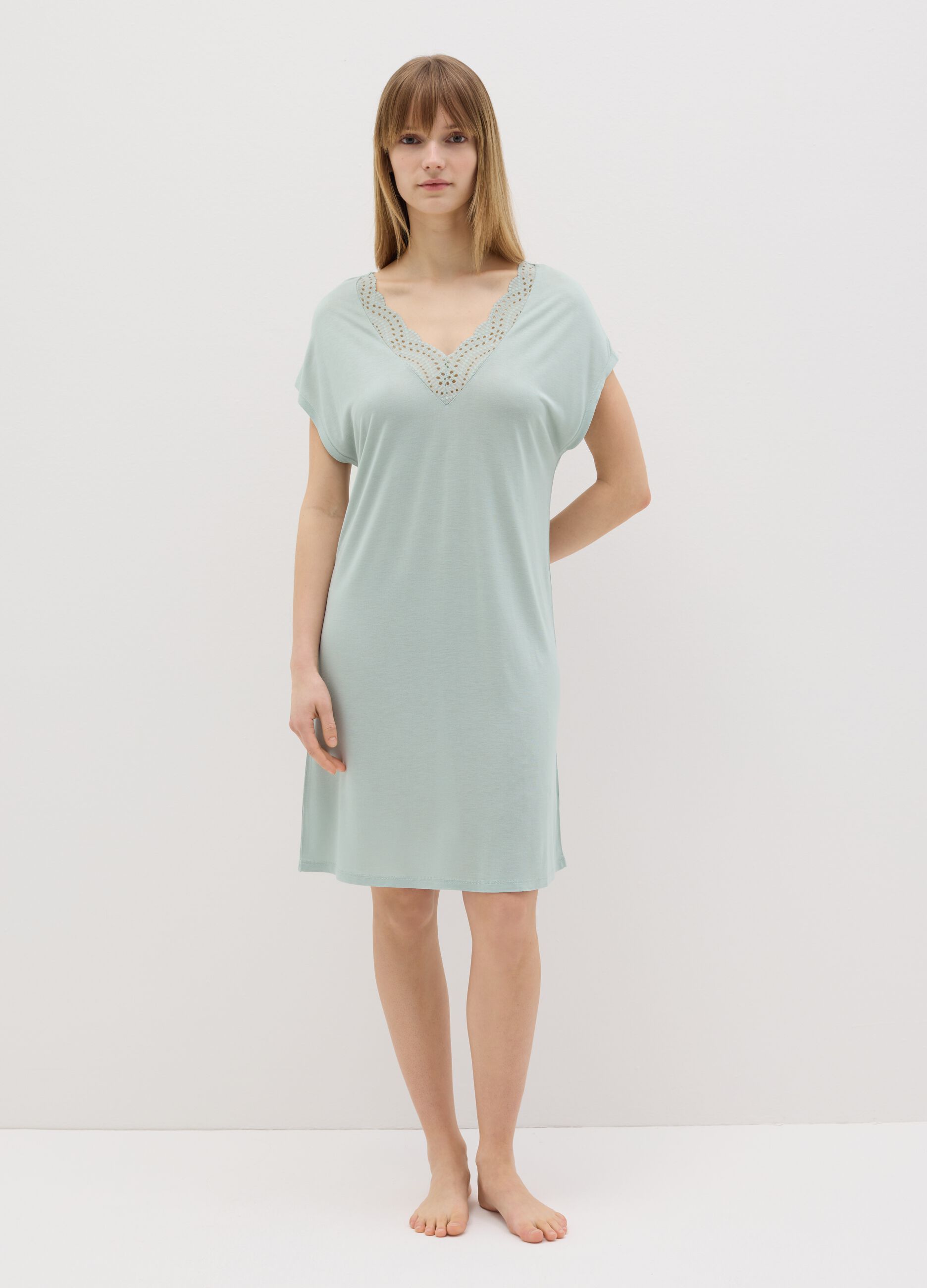 Green nightdress with broderie anglaise insert