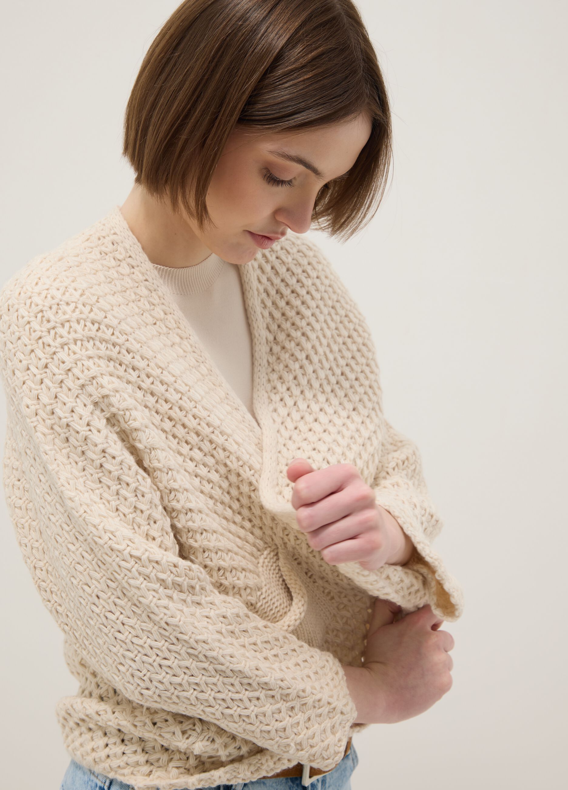 Beige Regular Fit Cable Knit Cardigan