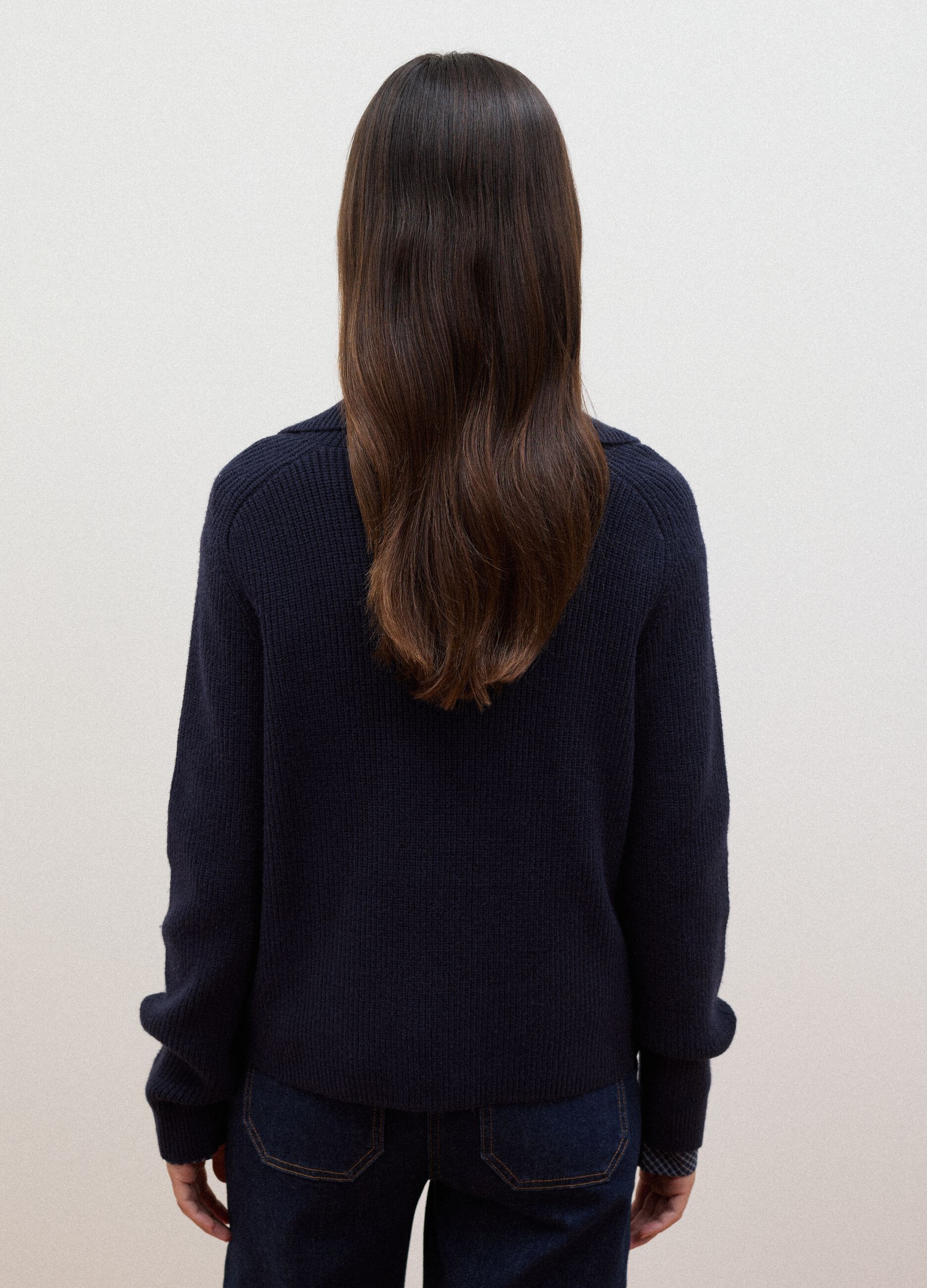 Blue ribbed viscose-blend top with collar