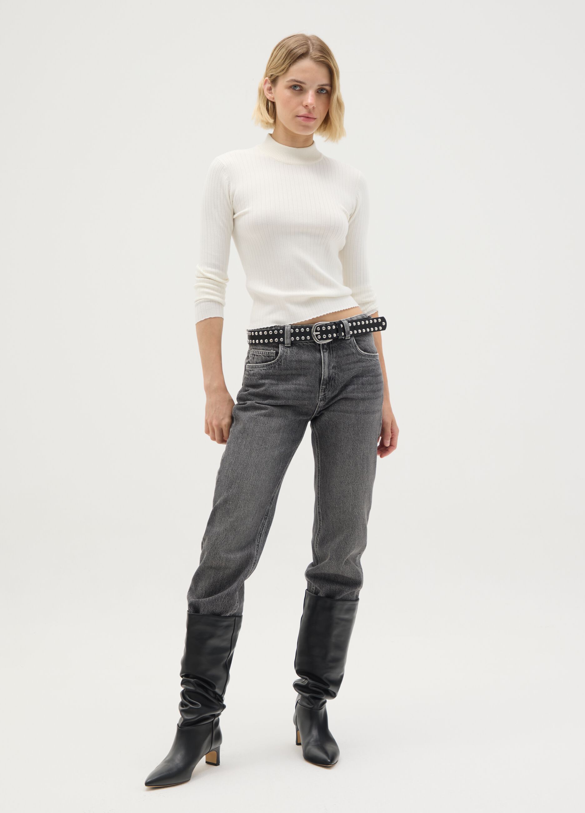 White Mixed Fitted Turtleneck Sweater
