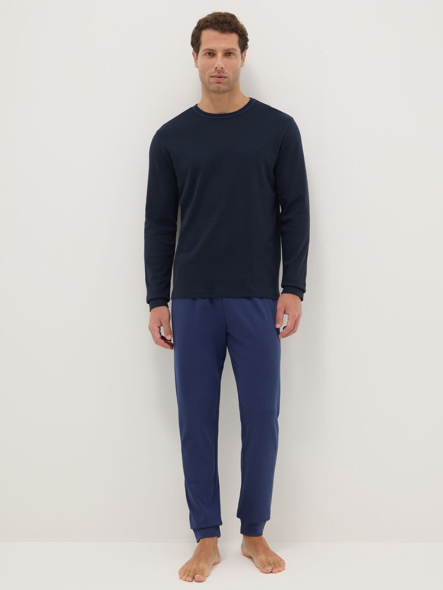 Blue crew neck long sleeve pyjamas in pure cotton regular fit_0