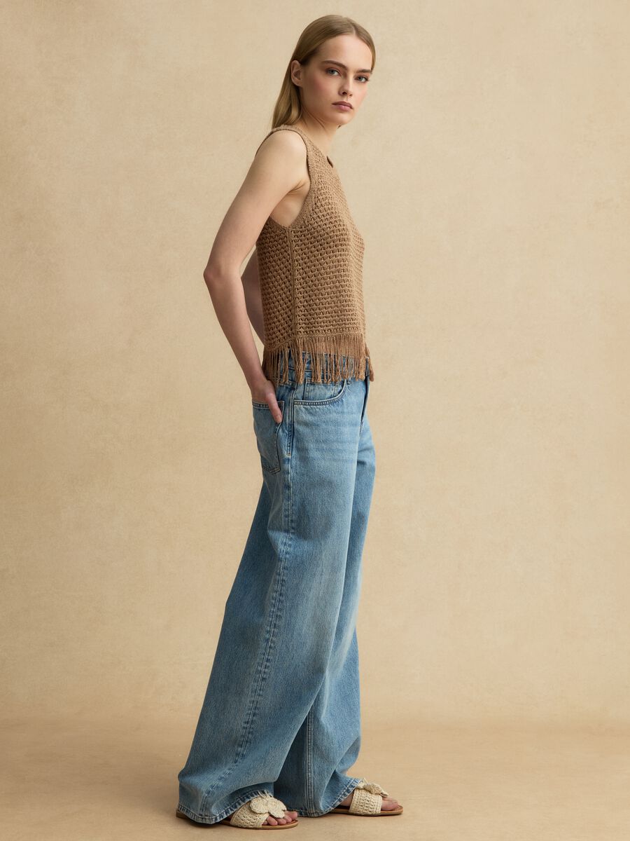 Brown viscose-blend mesh tank top with fringe_1