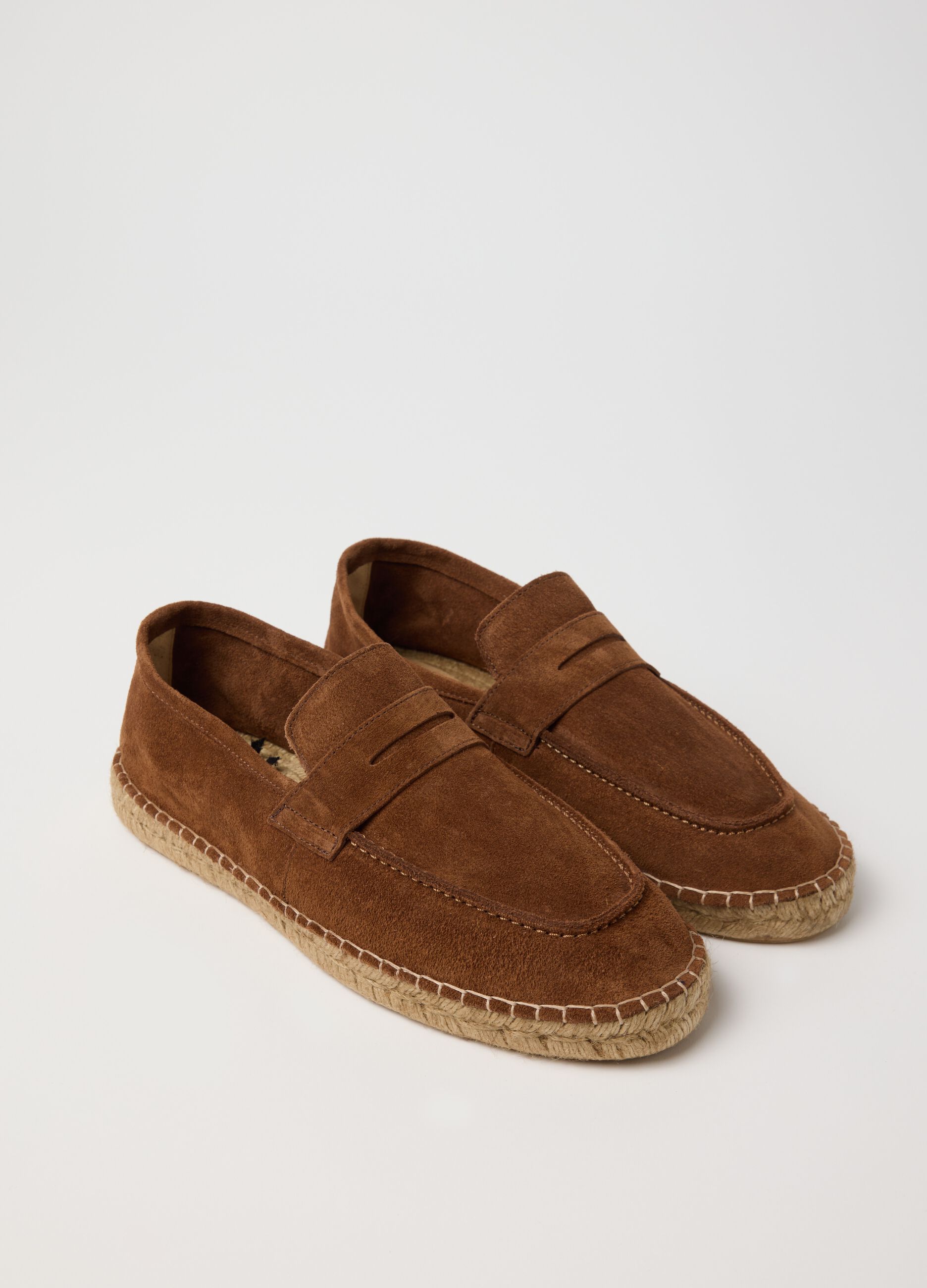 Brown genuine leather loafers with rope sole