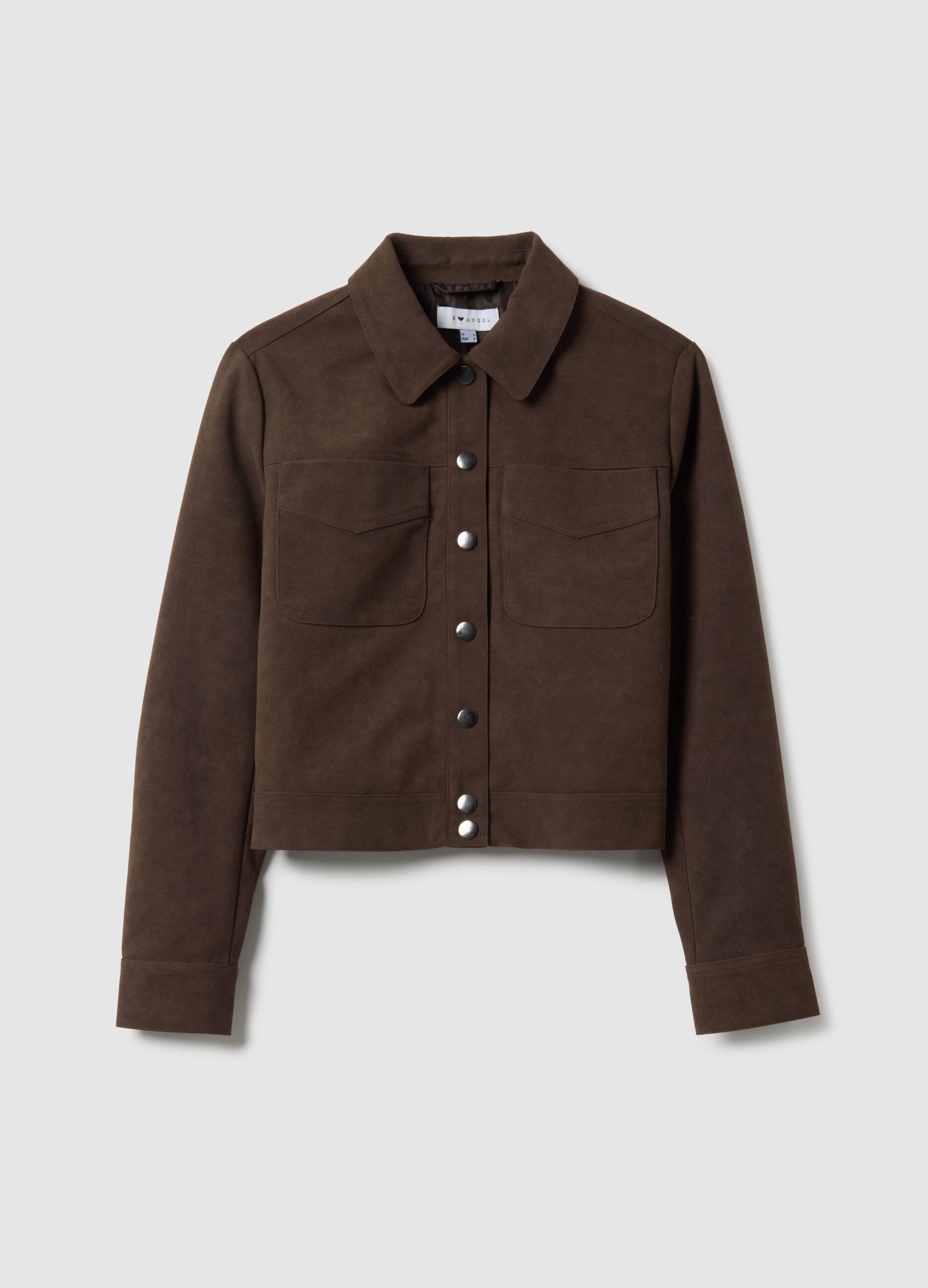 Giacca marrone con bottoni a pressione e tasche sul petto effetto camoscio regular fit