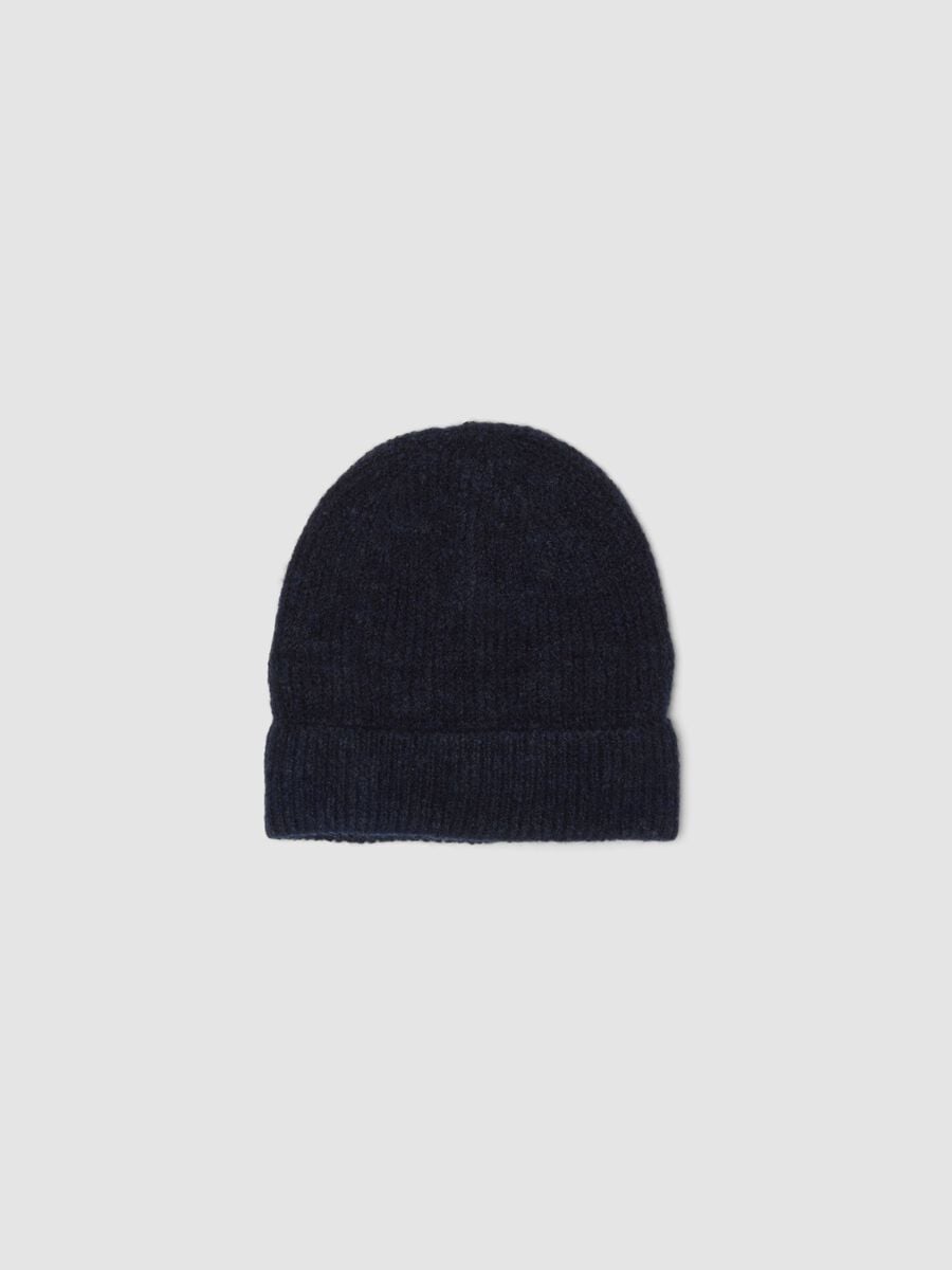 Navy blue ribbed stretch fabric beanie_0