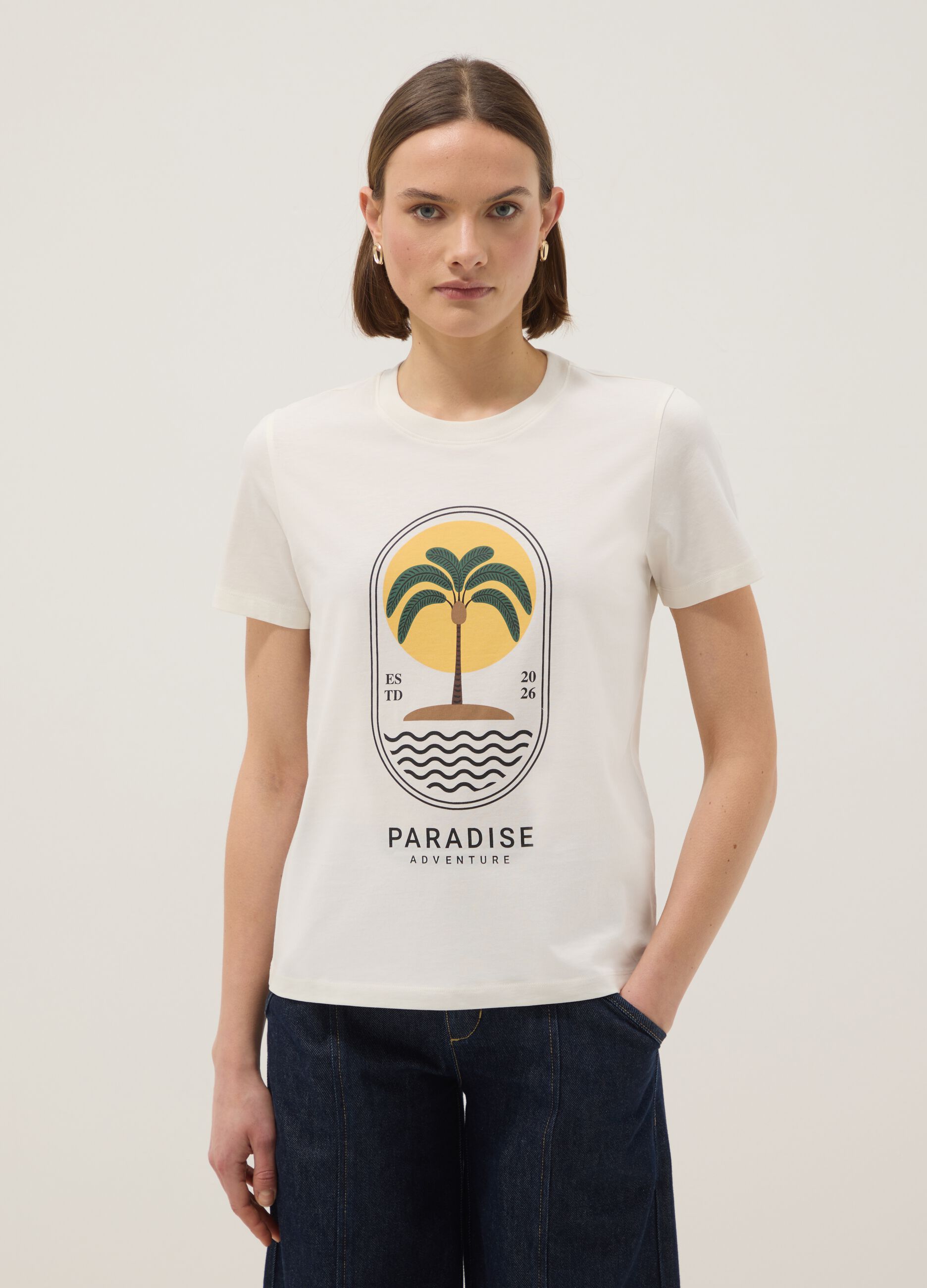 White pure cotton t-shirt regular fit with print