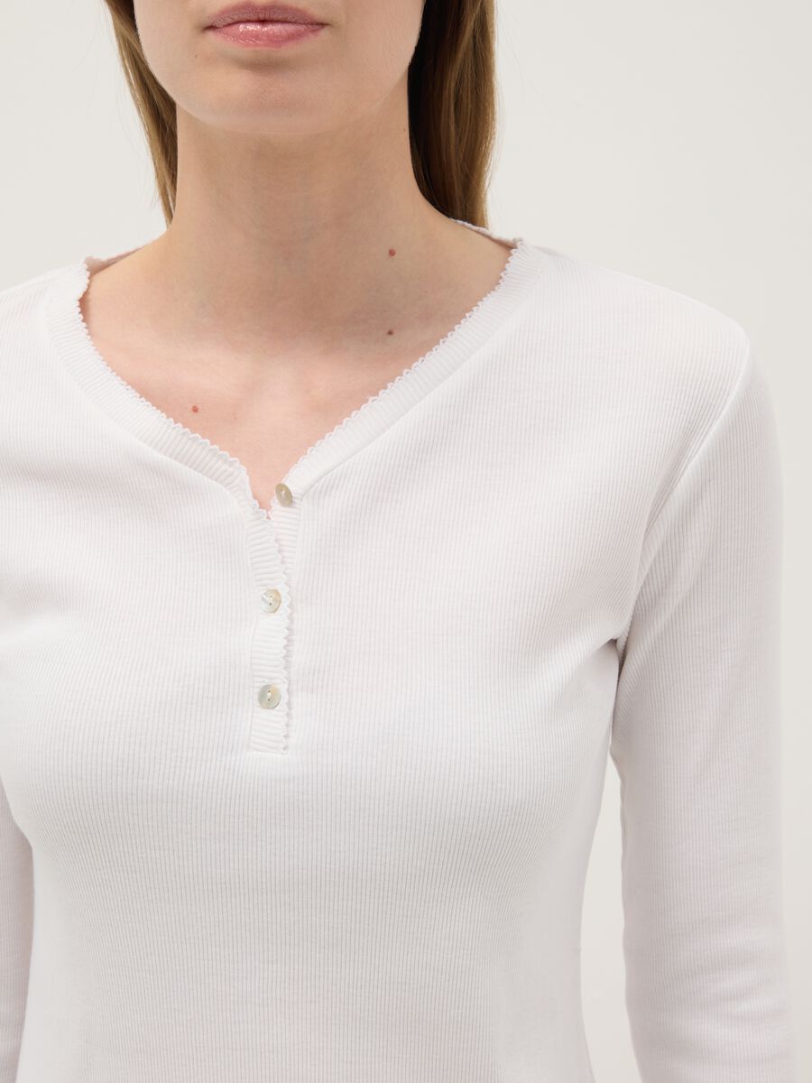 White pure cotton pyjama top, regular fit with henley collar_3