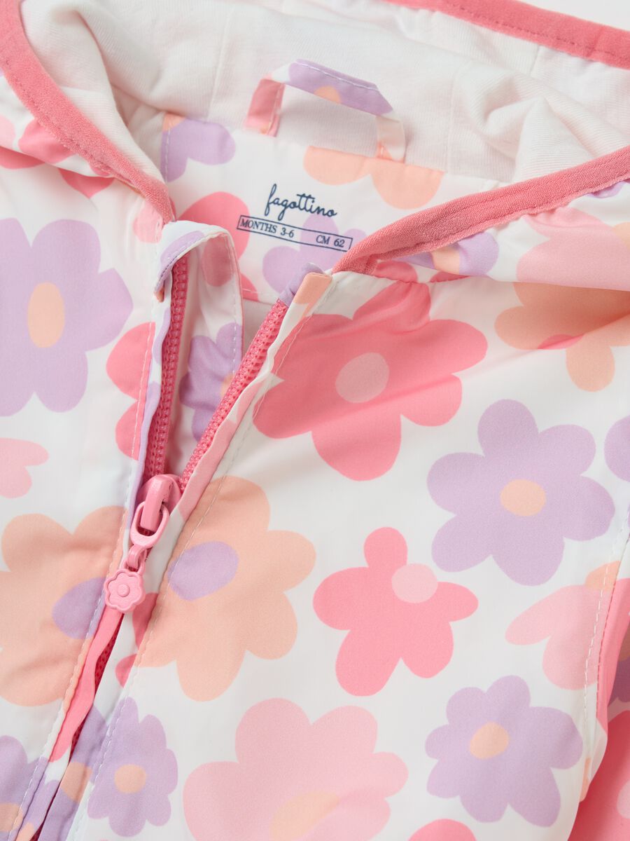 Waterproof jacket with hood and flowers print_2
