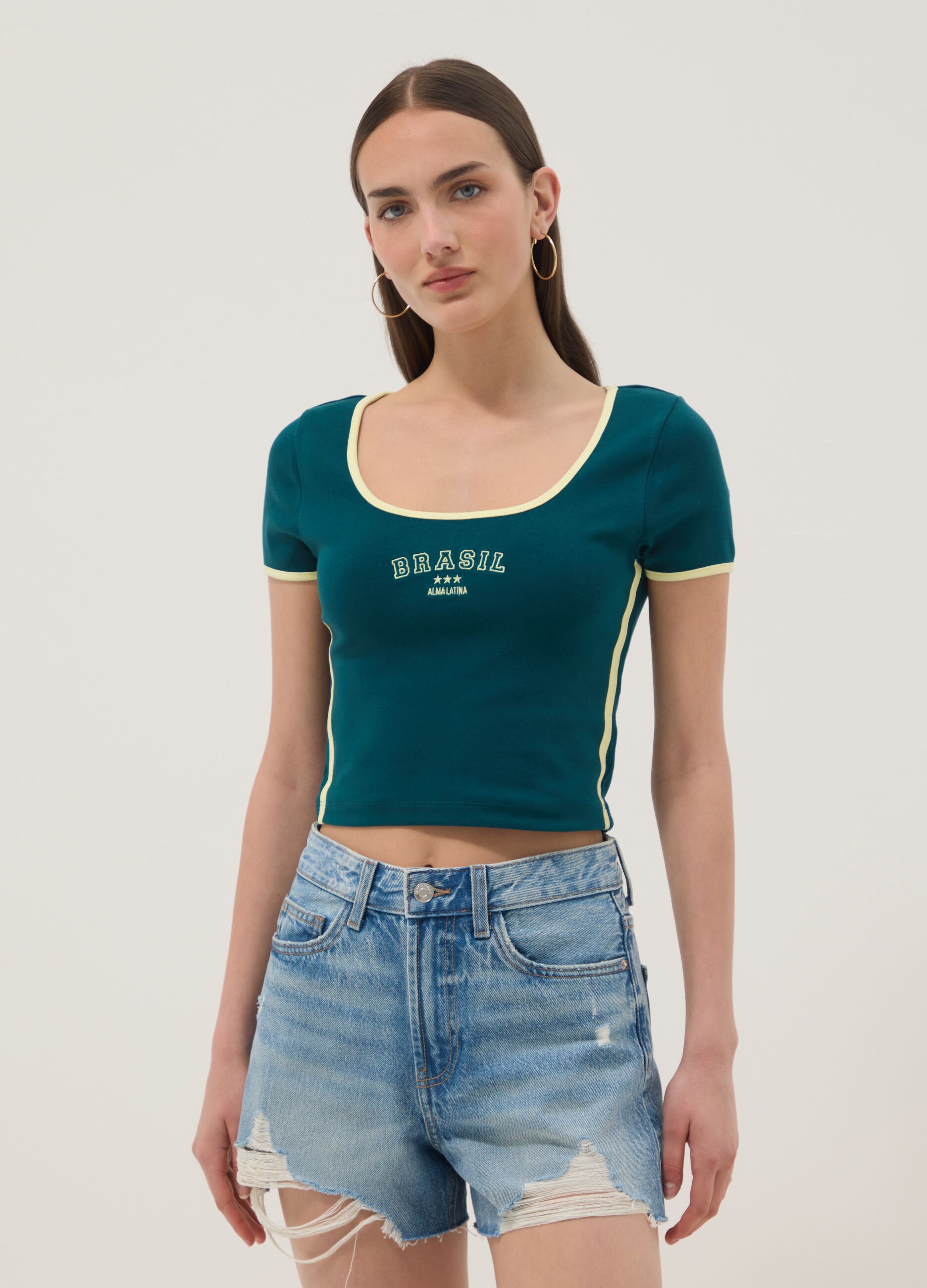 Green stretch cotton short-sleeve T-shirt