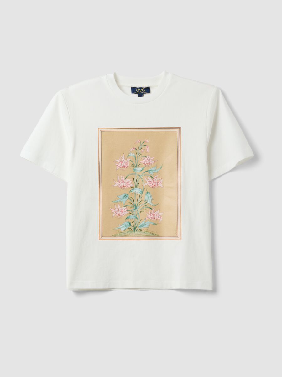 T-shirt bianca in puro cotone con stampa floreale_0