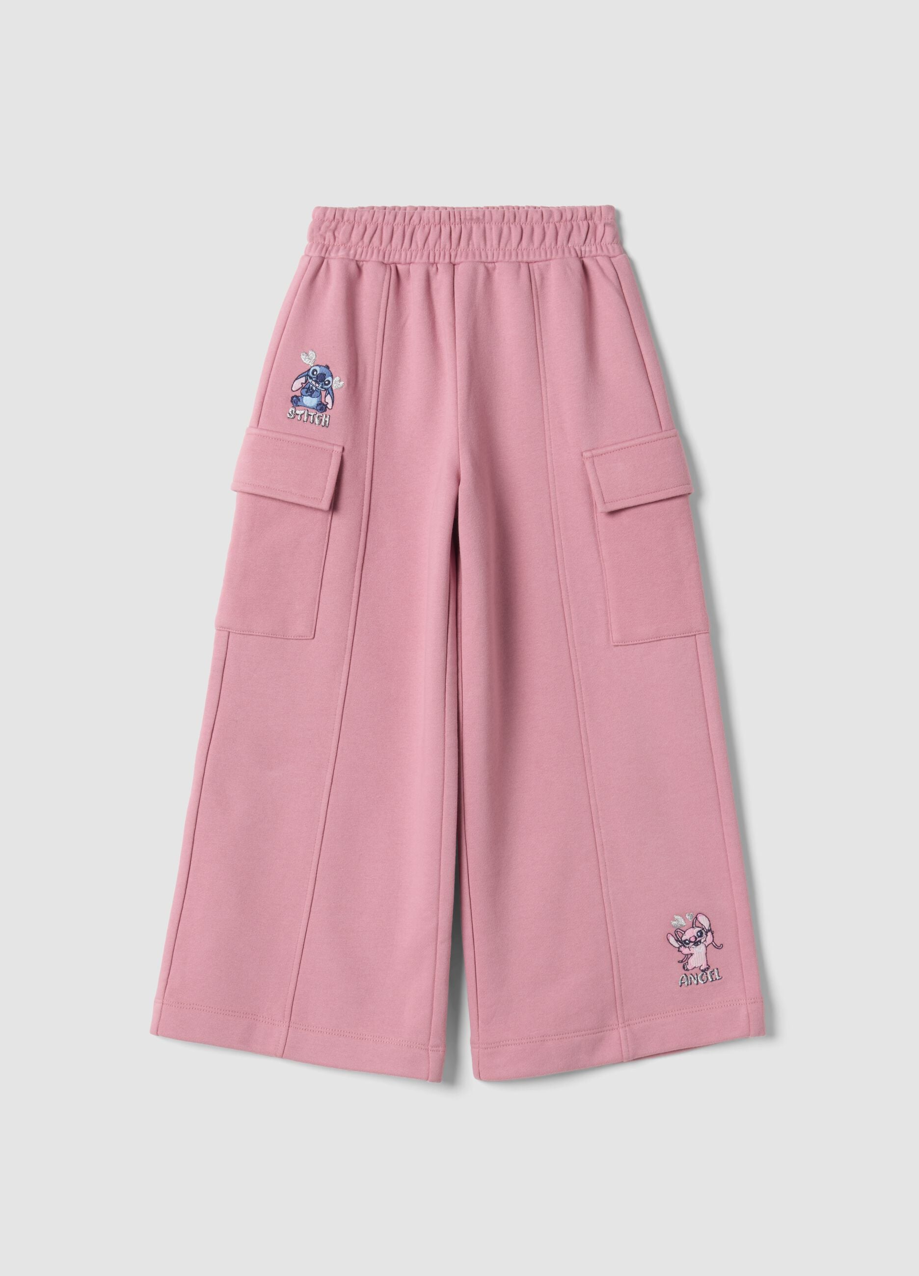 Pink cotton-blend cargo trousers with Lilo & Stitch theme