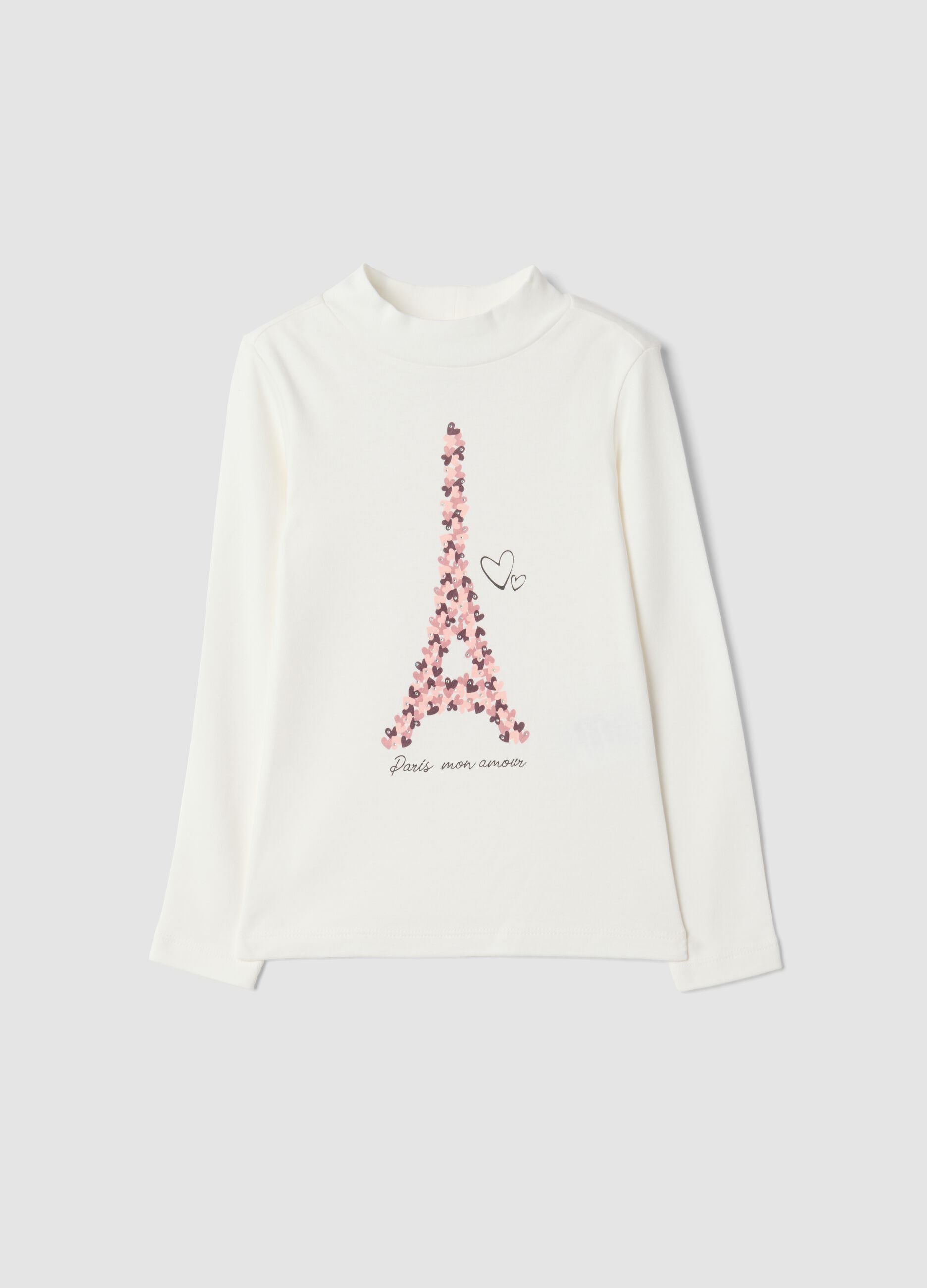 T-shirt bianca con collo rialzato in puro cotone organico con stampa