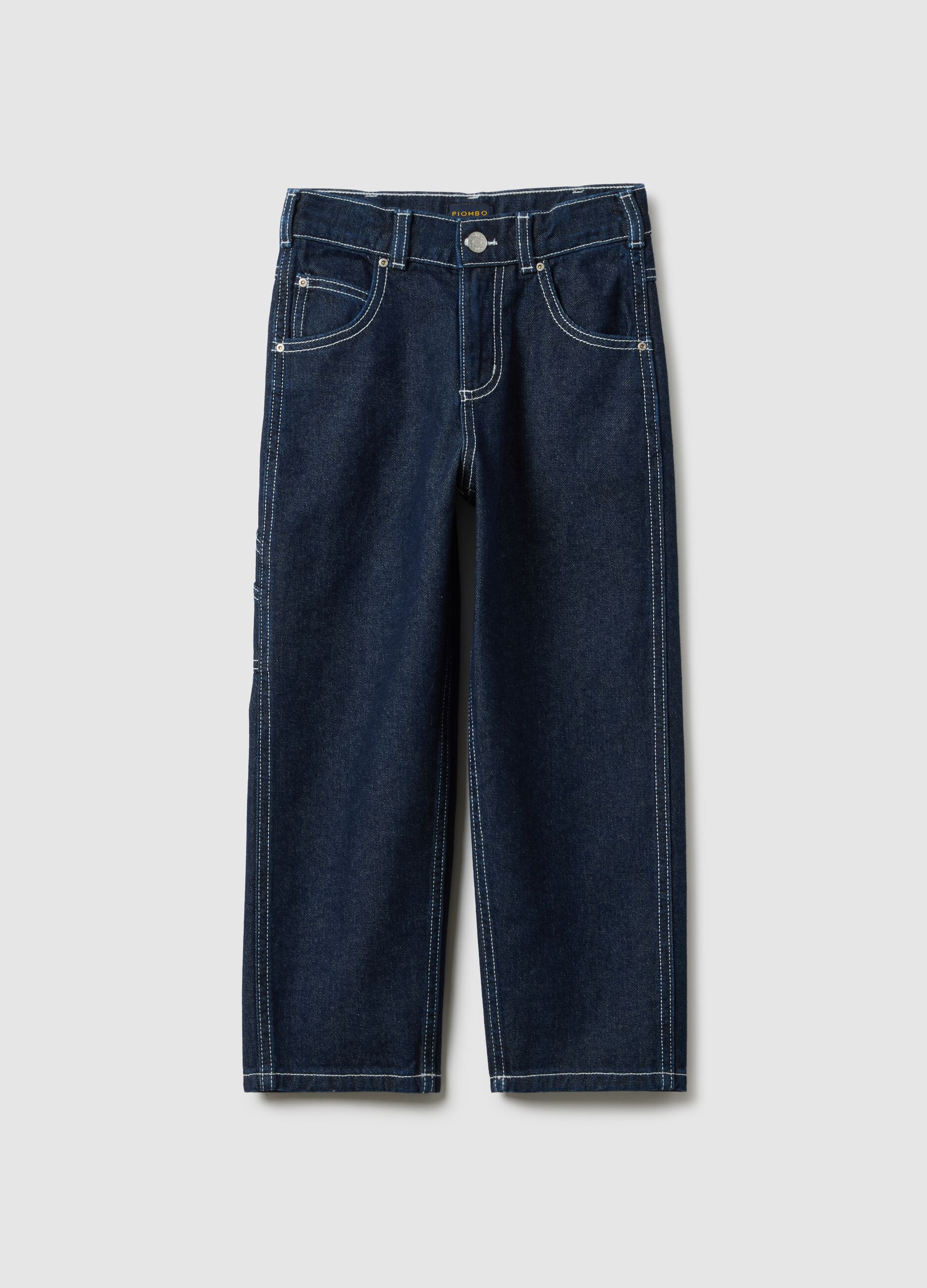 Children's blue pure cotton trousers regular fit with exposed stitching