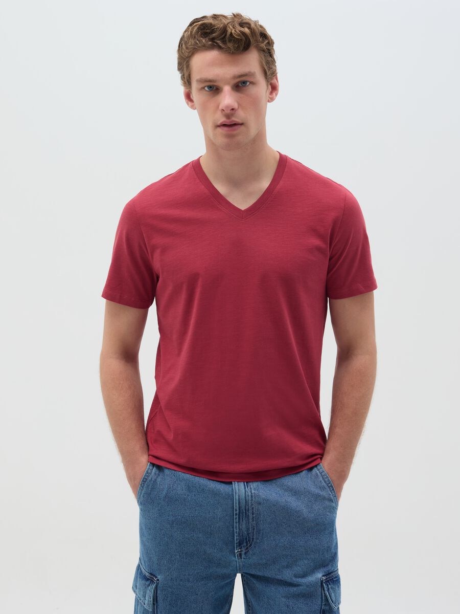 Slub cotton T-shirt with V neck_0